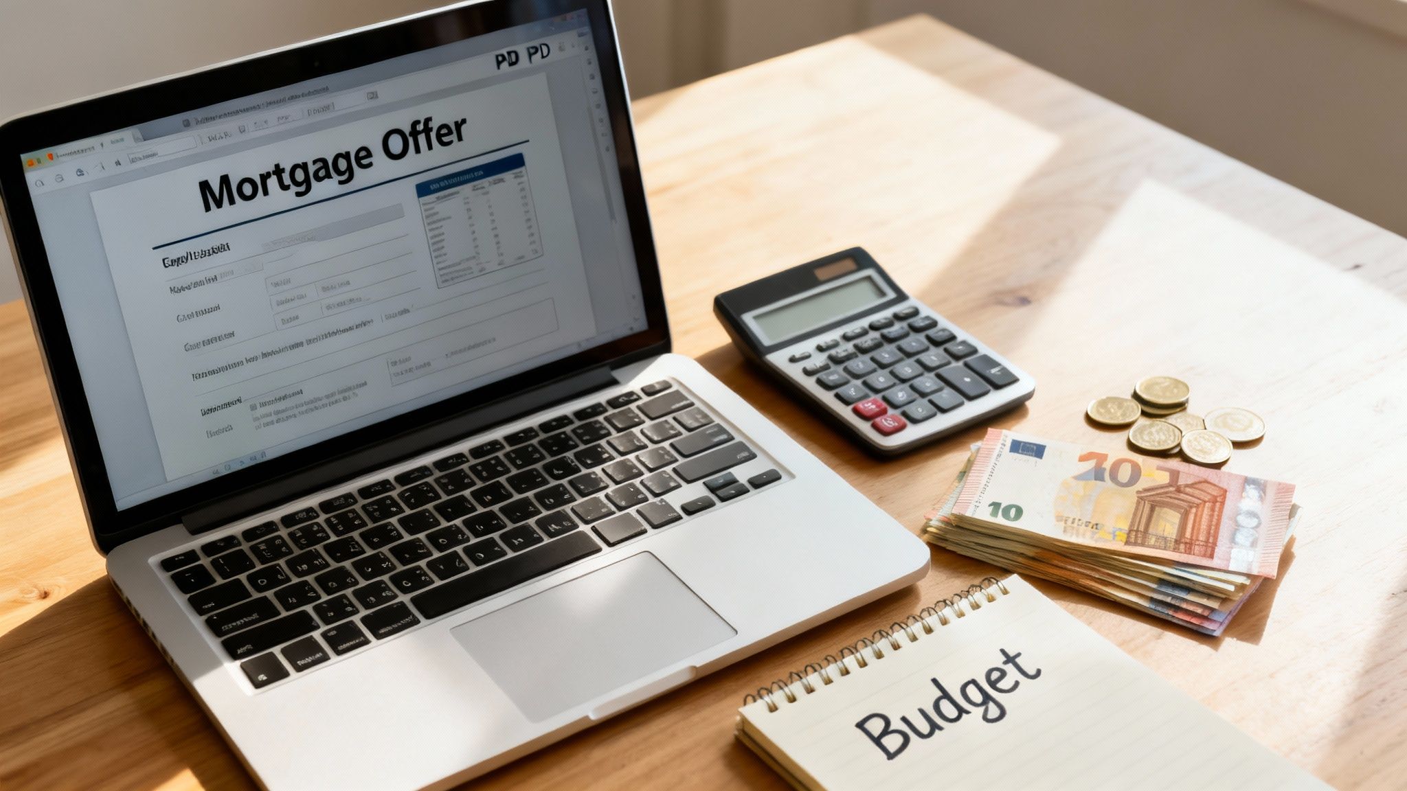 A laptop displaying a mortgage offer document, calculator, Euros, and a 'Budget' notebook on a desk.