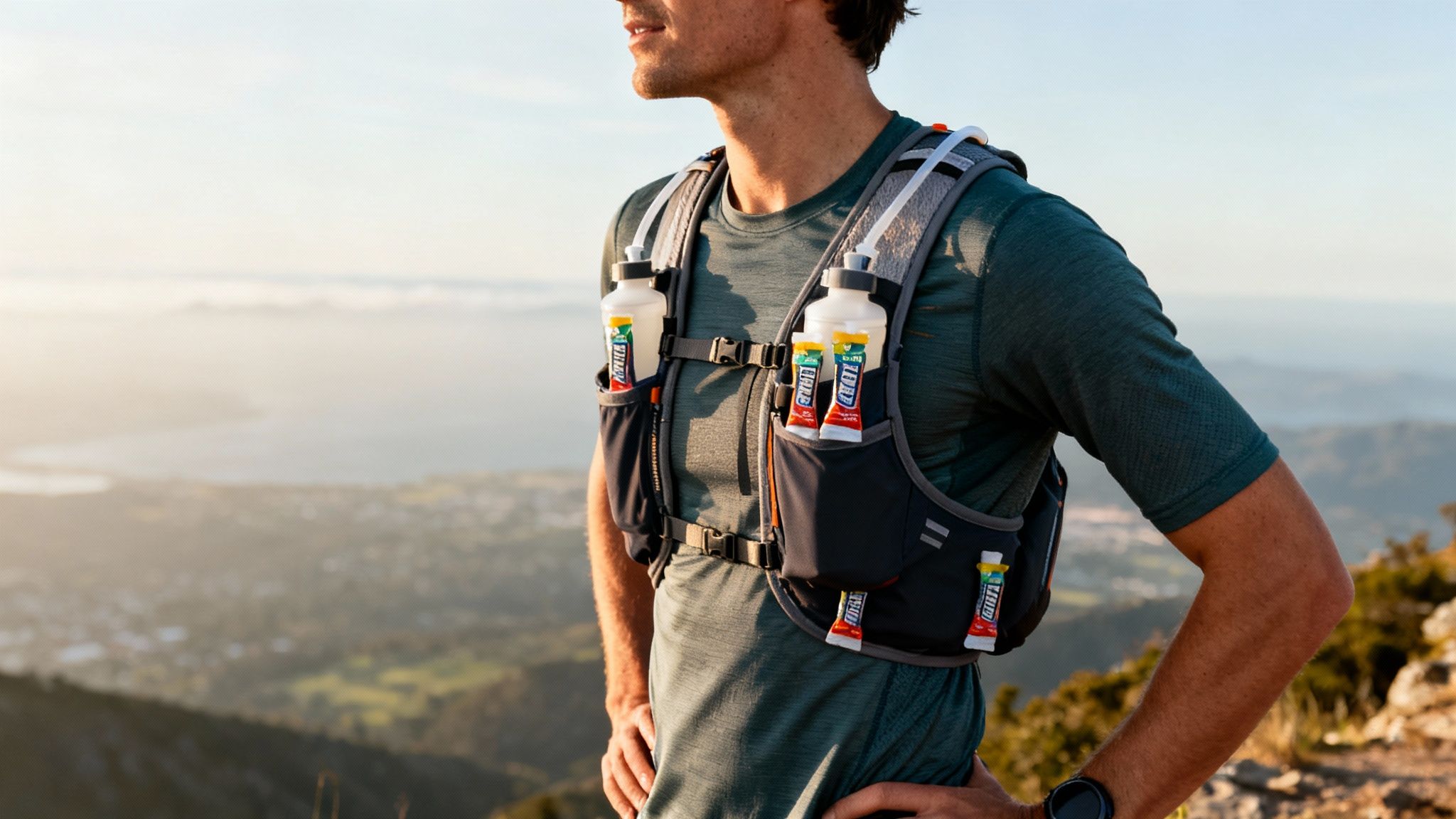 A male runner wearing a dark grey hydration vest with water bottles and energy gels, overlooking a scenic valley.