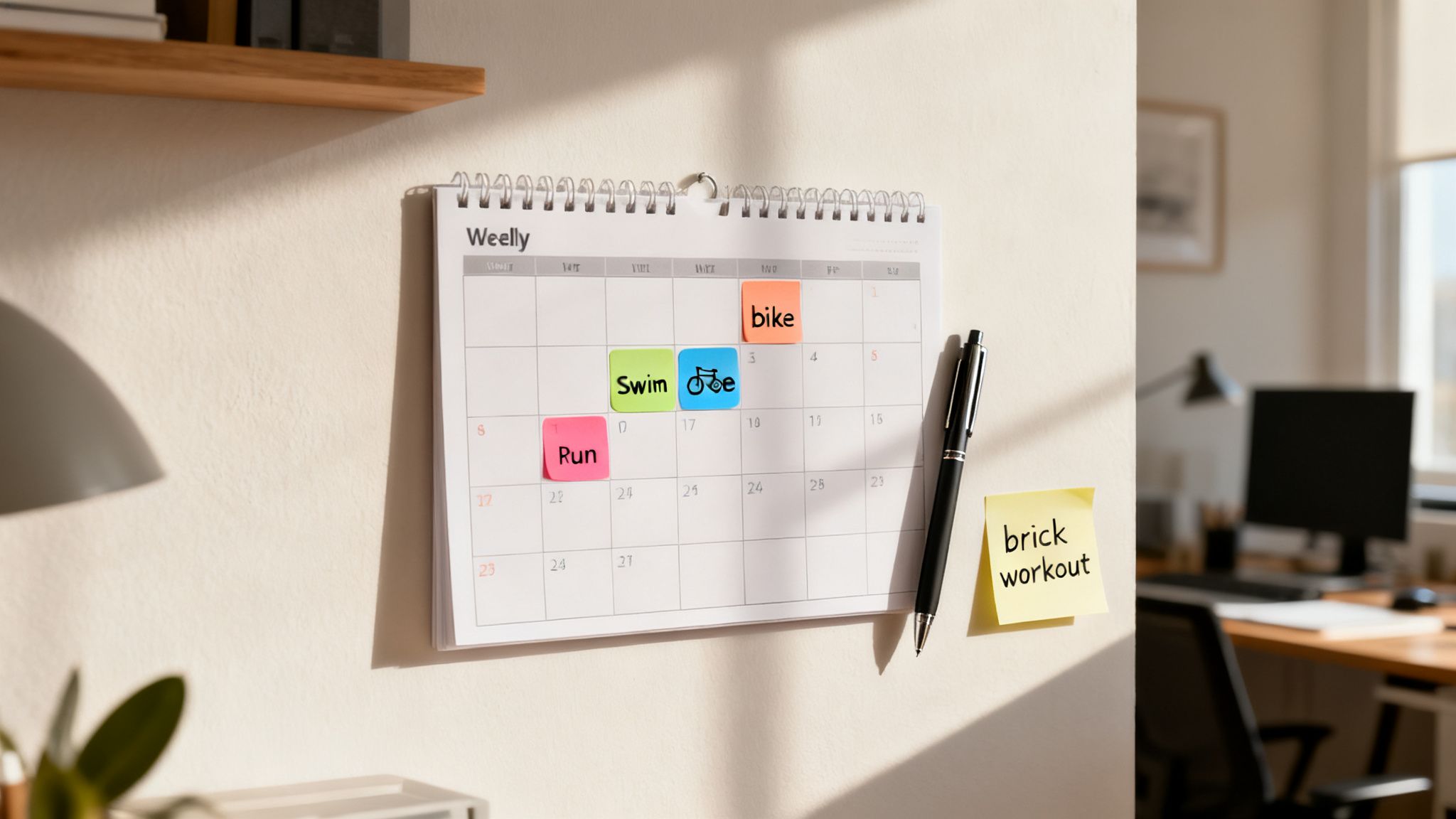 A wall calendar displays a weekly training plan with 'Swim', 'Run', 'Bike', and 'brick workout' sticky notes.