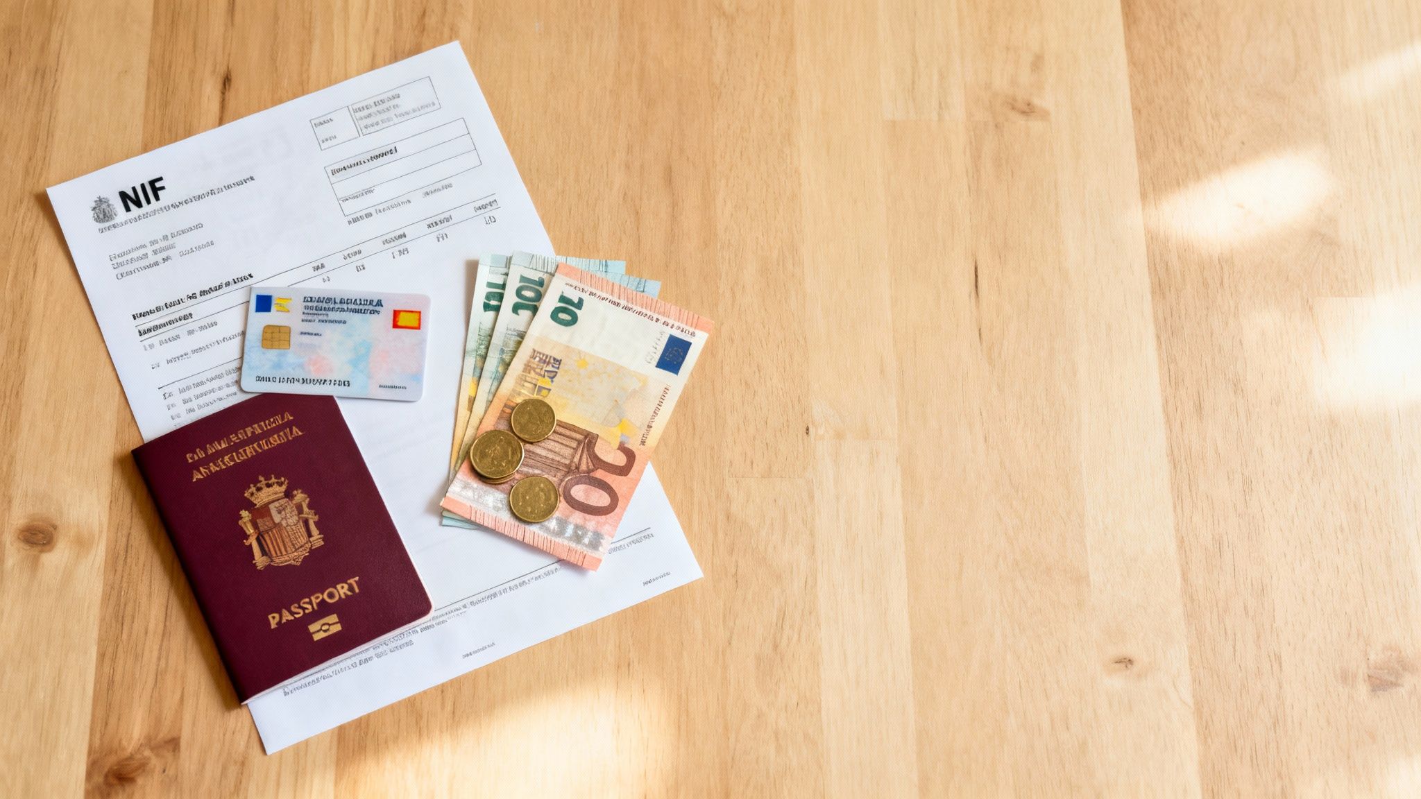 A collection of organized documents, a calculator, and some euros on a desk, representing the preparation for renting in Portugal.