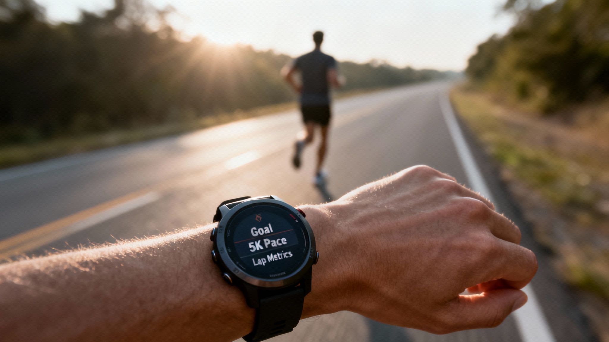 Close-up of a smartwatch displaying a 5K pace goal, with a runner on a road in the background.