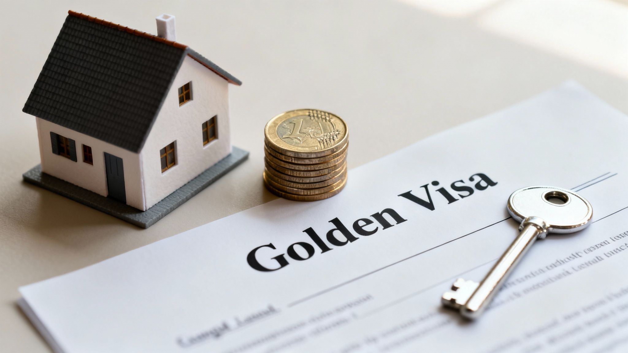 A miniature house, stacked Euro coins, a document titled 'Golden Visa', and a key.