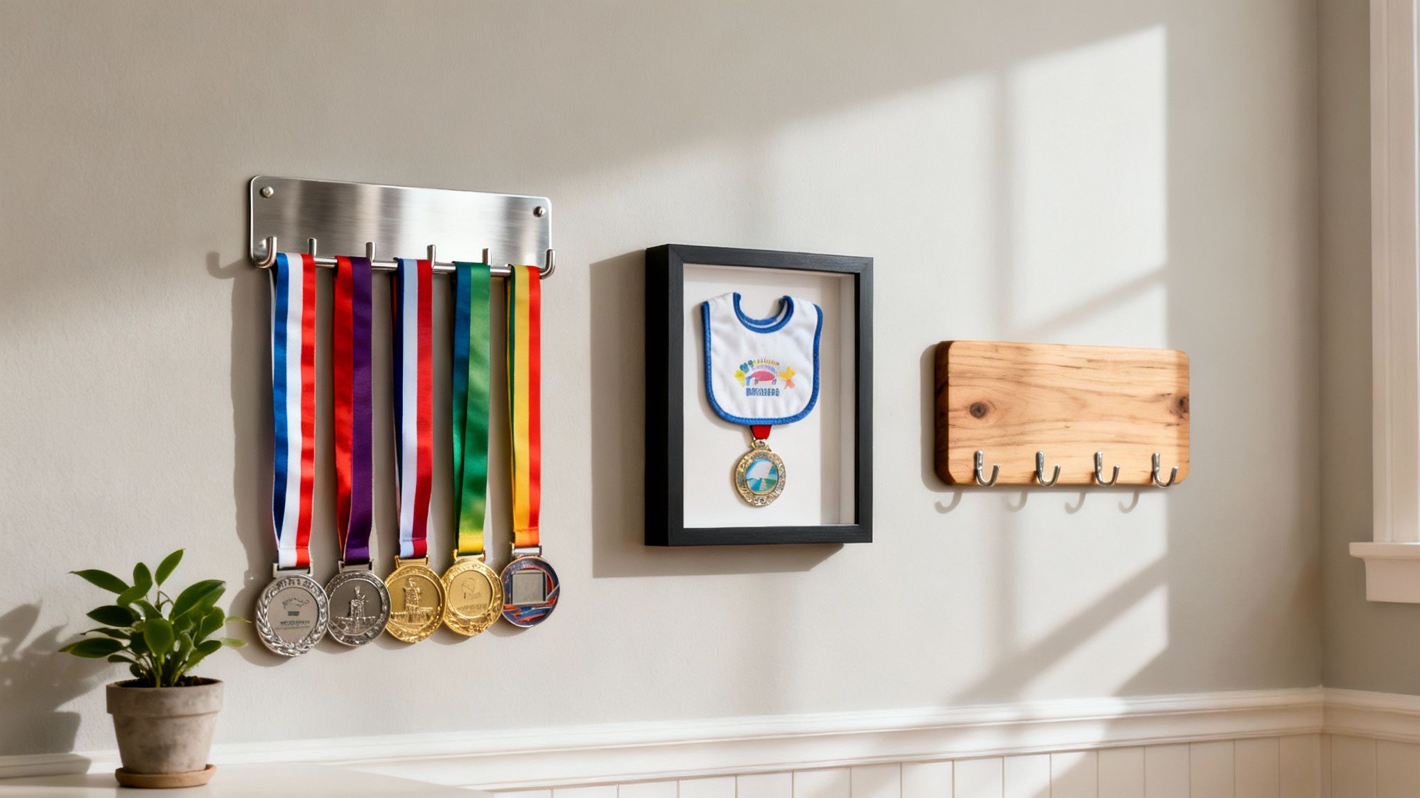 A medal hanger with running medals, a framed baby bib, and a wooden hook board on a wall.