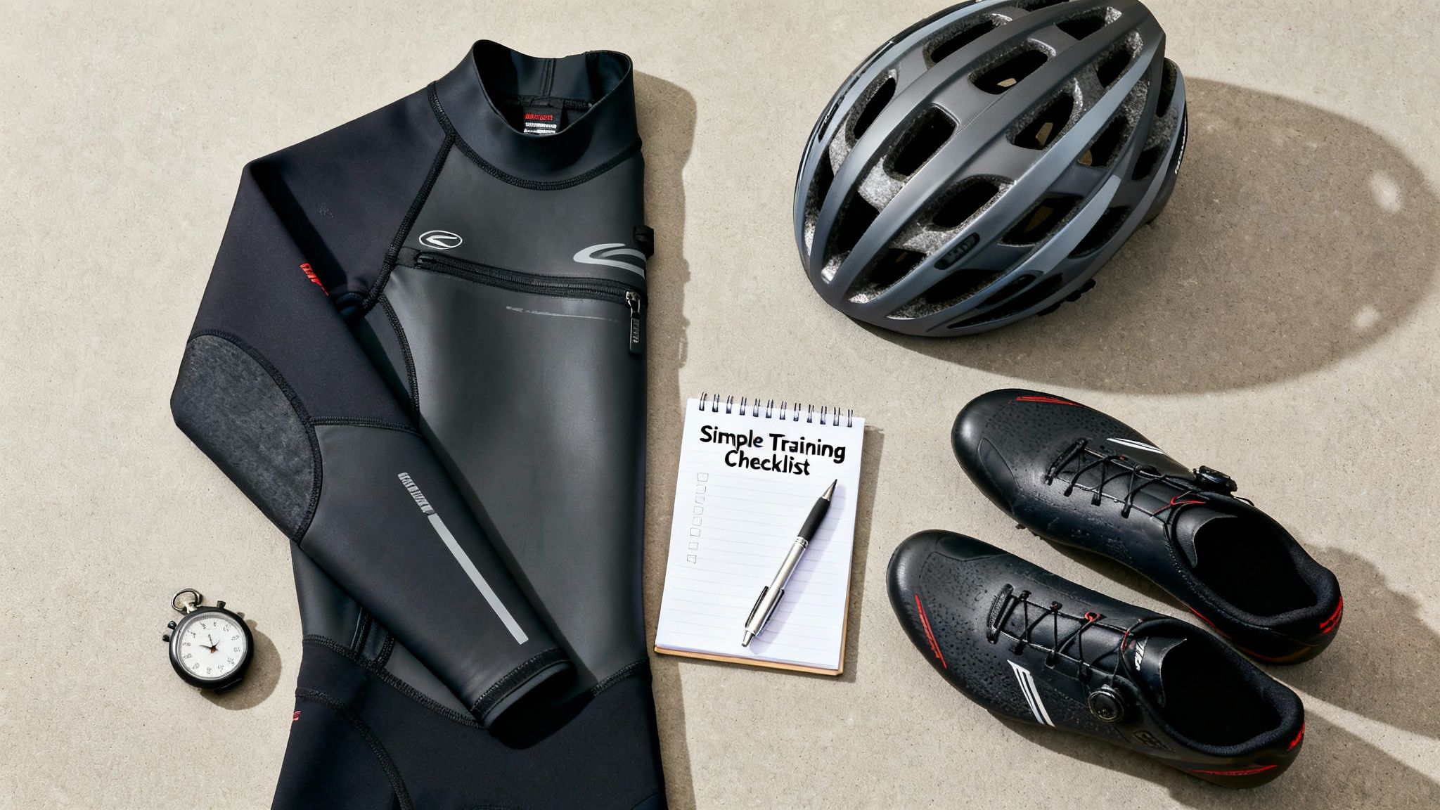 A flat lay shows black triathlon gear: wetsuit, helmet, cycling shoes, stopwatch, and a training checklist.