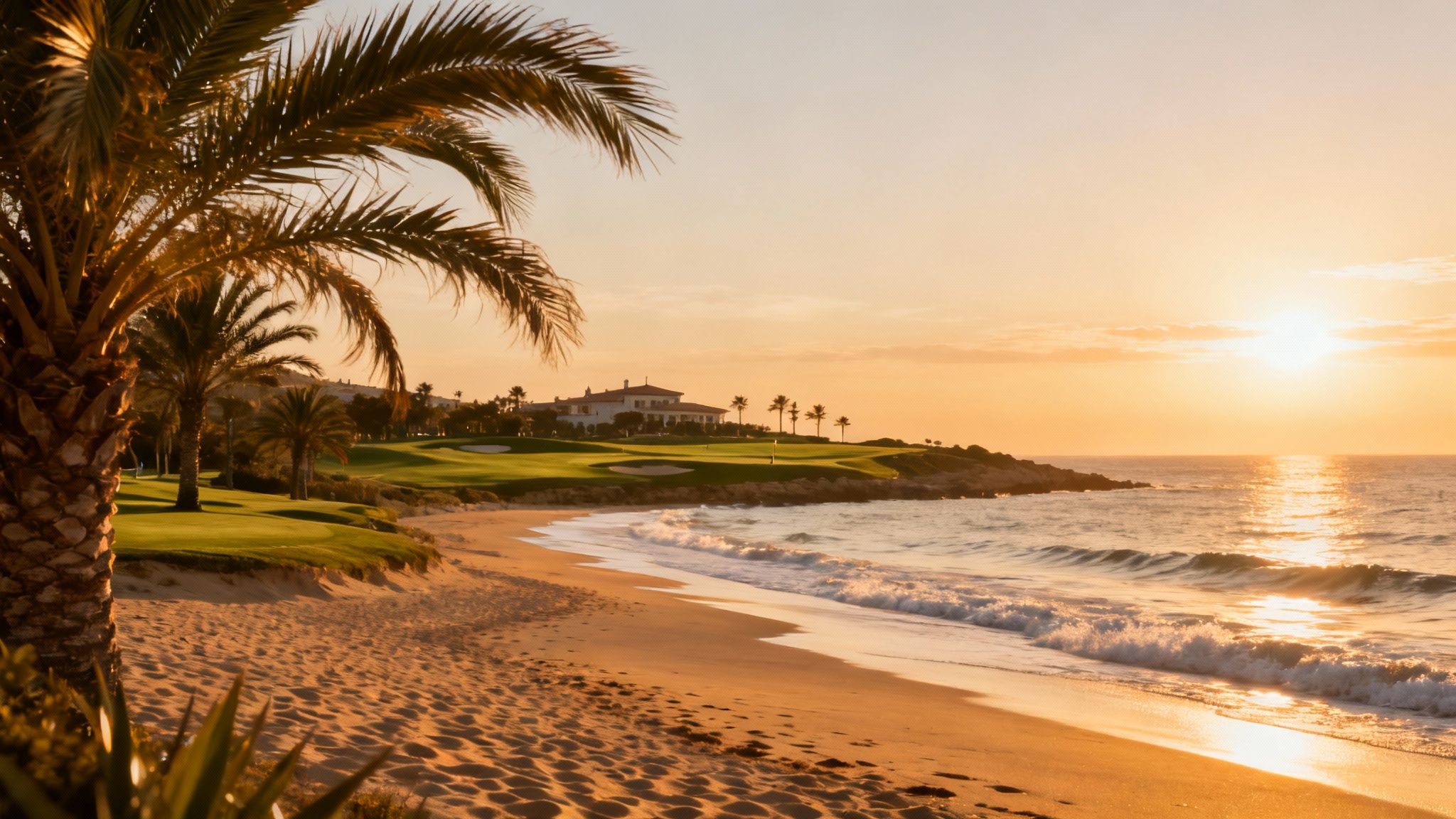 Panoramic view of a modern villa with a swimming pool overlooking the Mediterranean Sea on the Costa del Sol