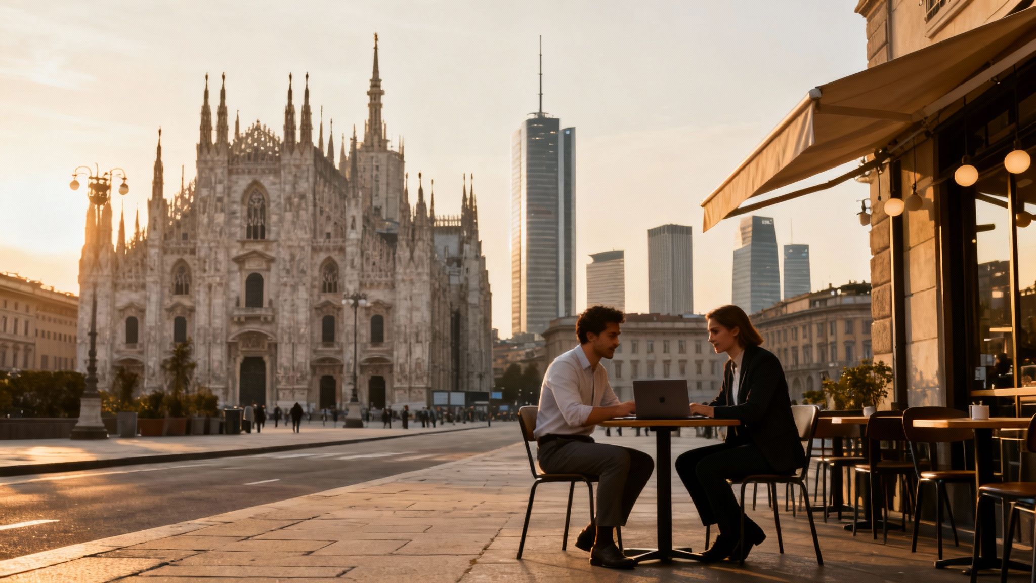 Two people working on laptops at an outdoor cafe with the Duomo di Milano at sunset.
