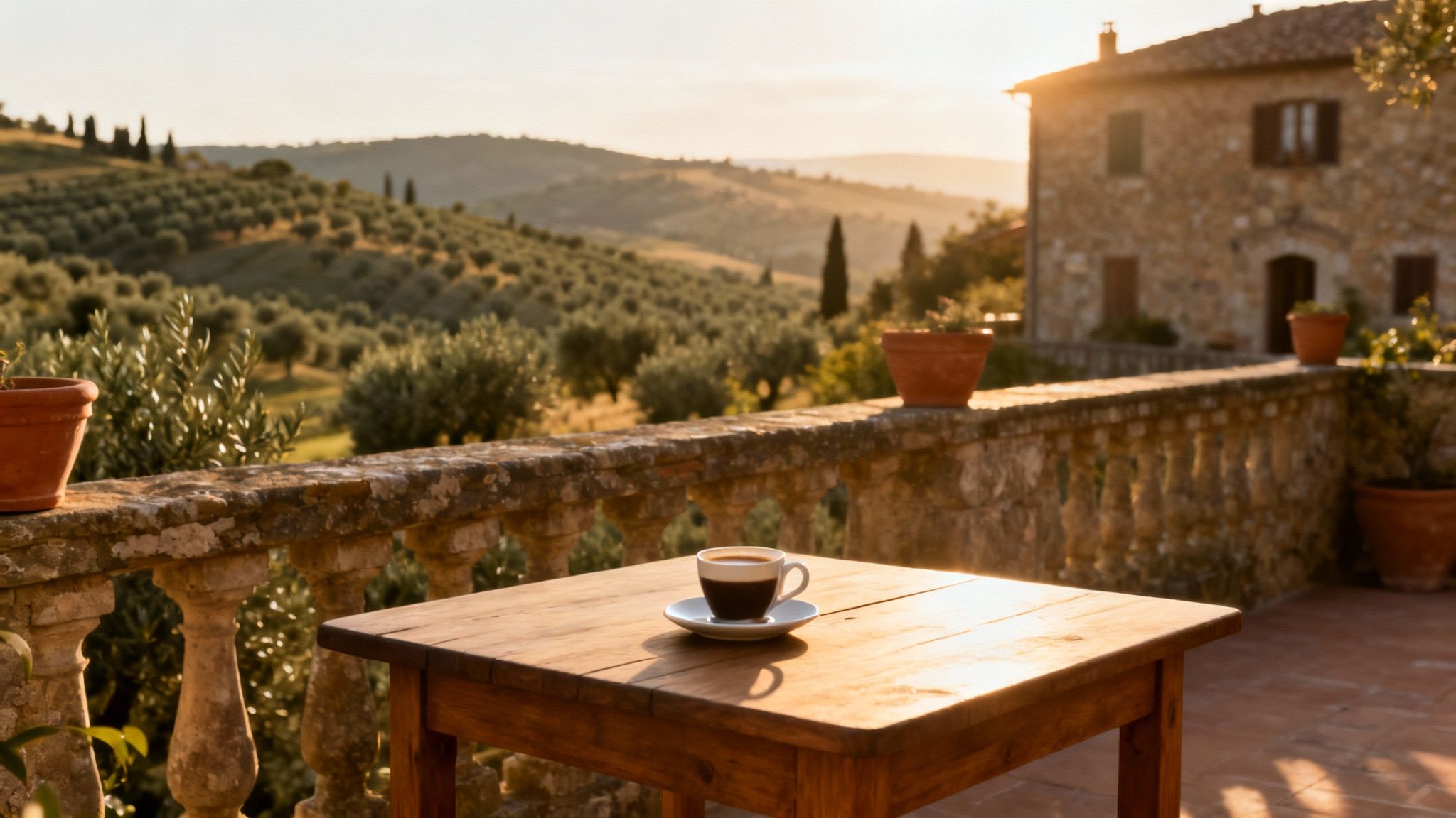 A cup of coffee on a wooden table on a balcony overlooking Italian hills and a villa.