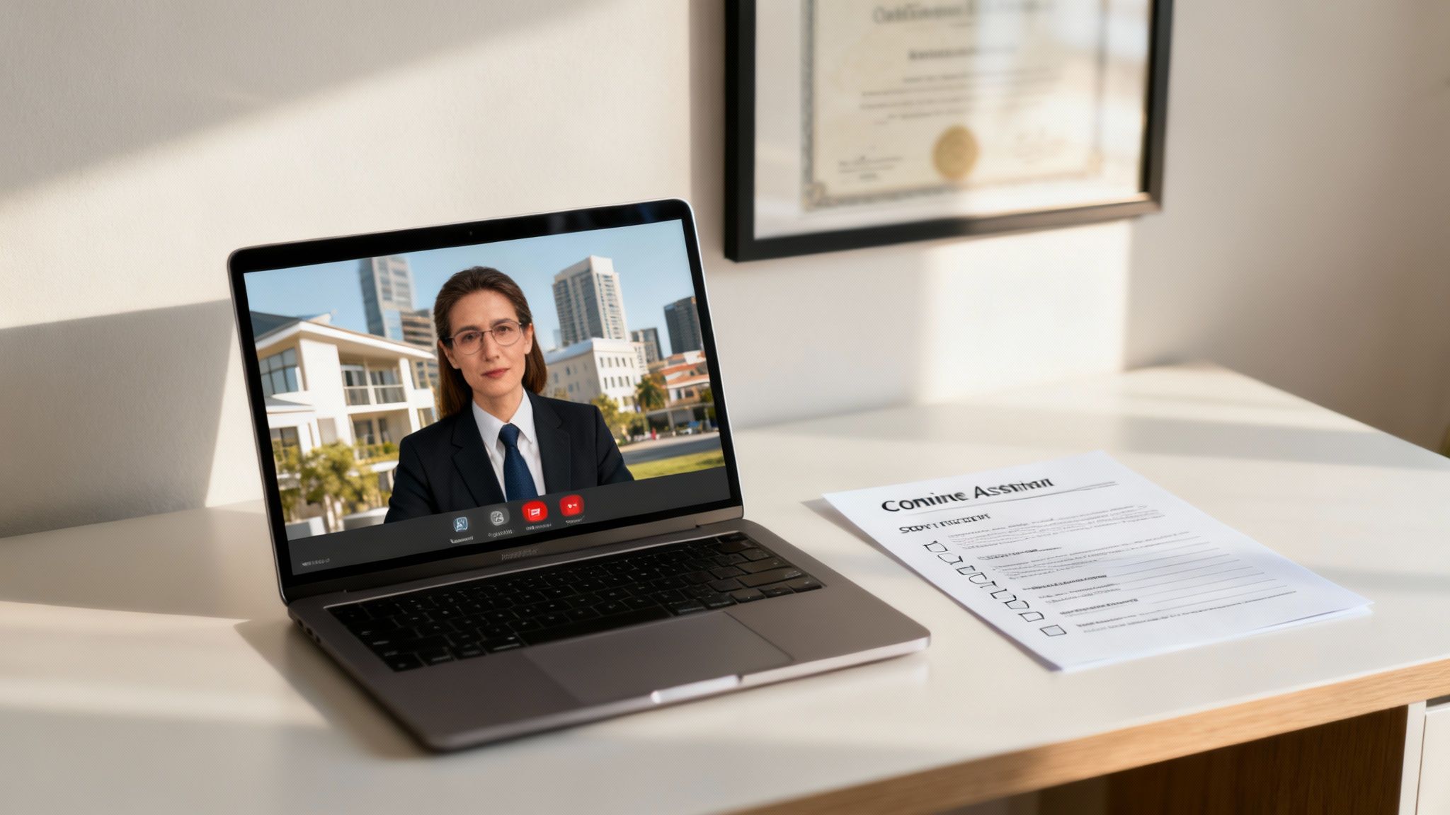 Professional woman in business suit conducting virtual video conference call from modern office