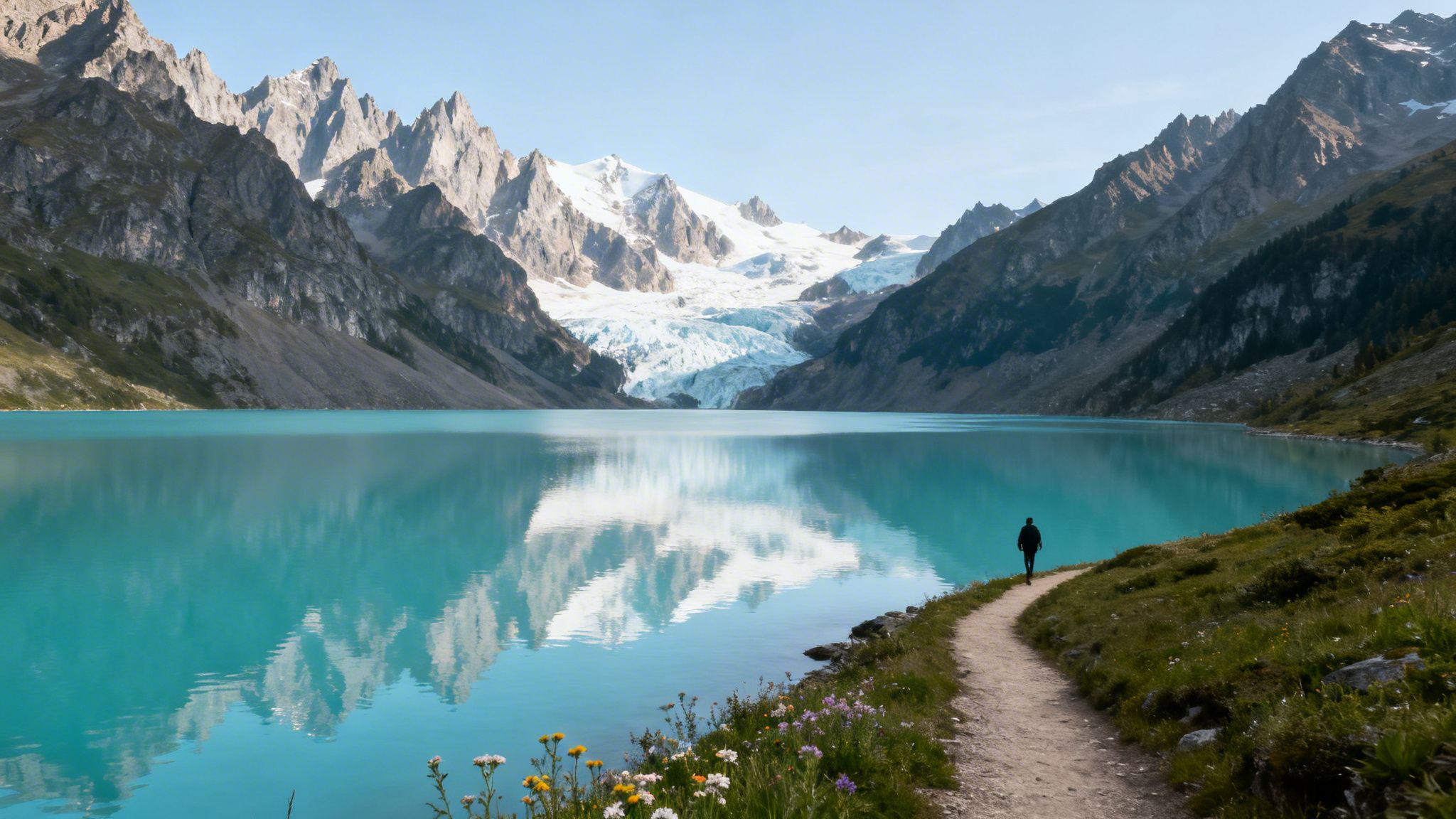 Person on a scenic trail overlooking a turquoise glacial lake with mountains and a glacier.