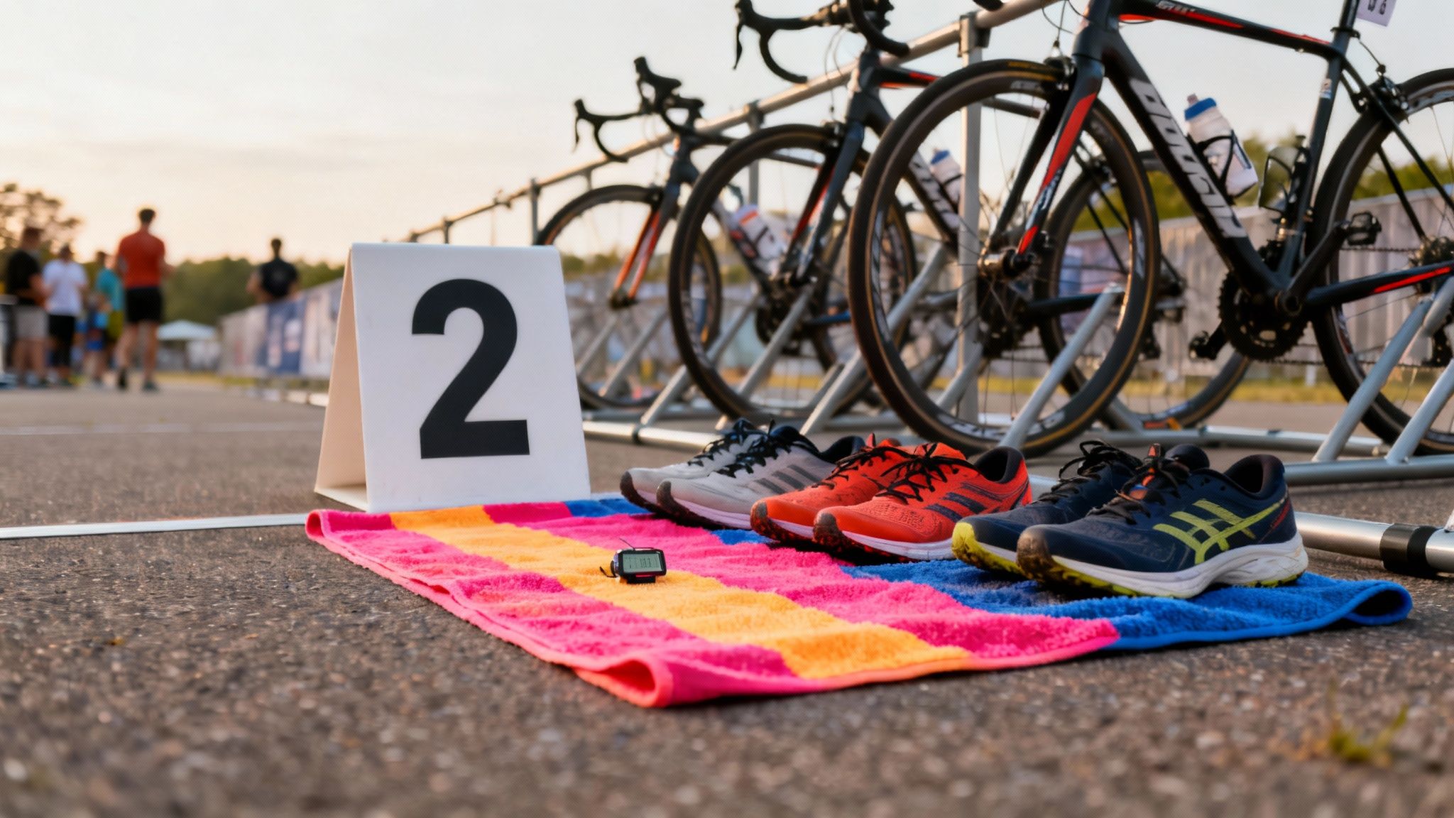 Triathlon transition area with race number 2, three pairs of running shoes, and bikes ready for competitors.