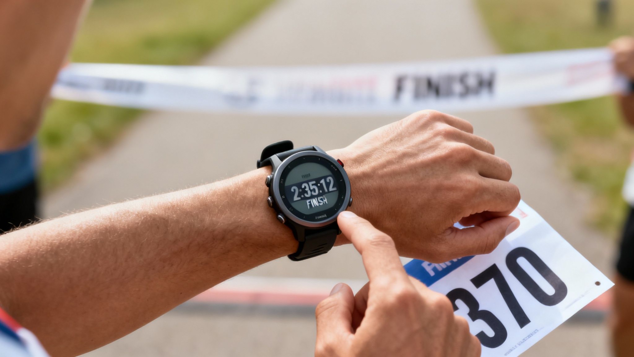 Runner checking their race finish time of 2:35:12 on a smartwatch at the finish line.