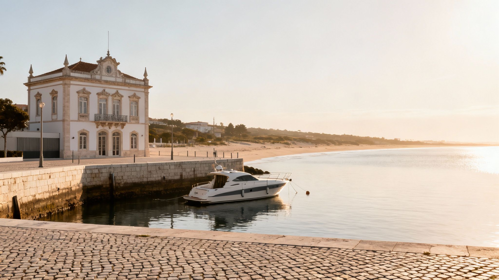 A grand white building overlooks a tranquil harbor with a yacht and a sandy beach under a bright sky.