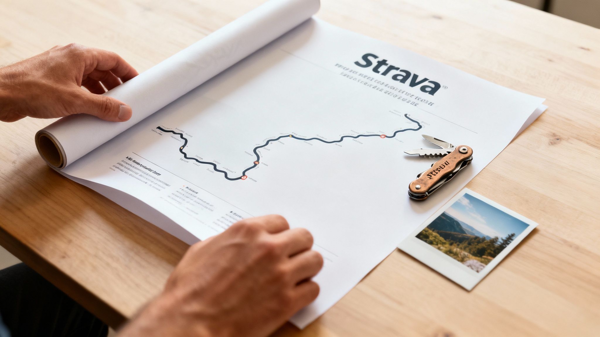Person unrolling a Strava route map on a wooden table, next to a branded multi-tool and a scenic photo.