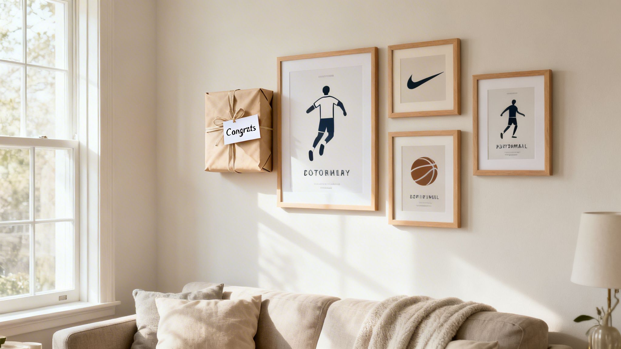 A cozy living room with a beige couch, a bright window, and a wall adorned with framed sports posters and a brown gift.