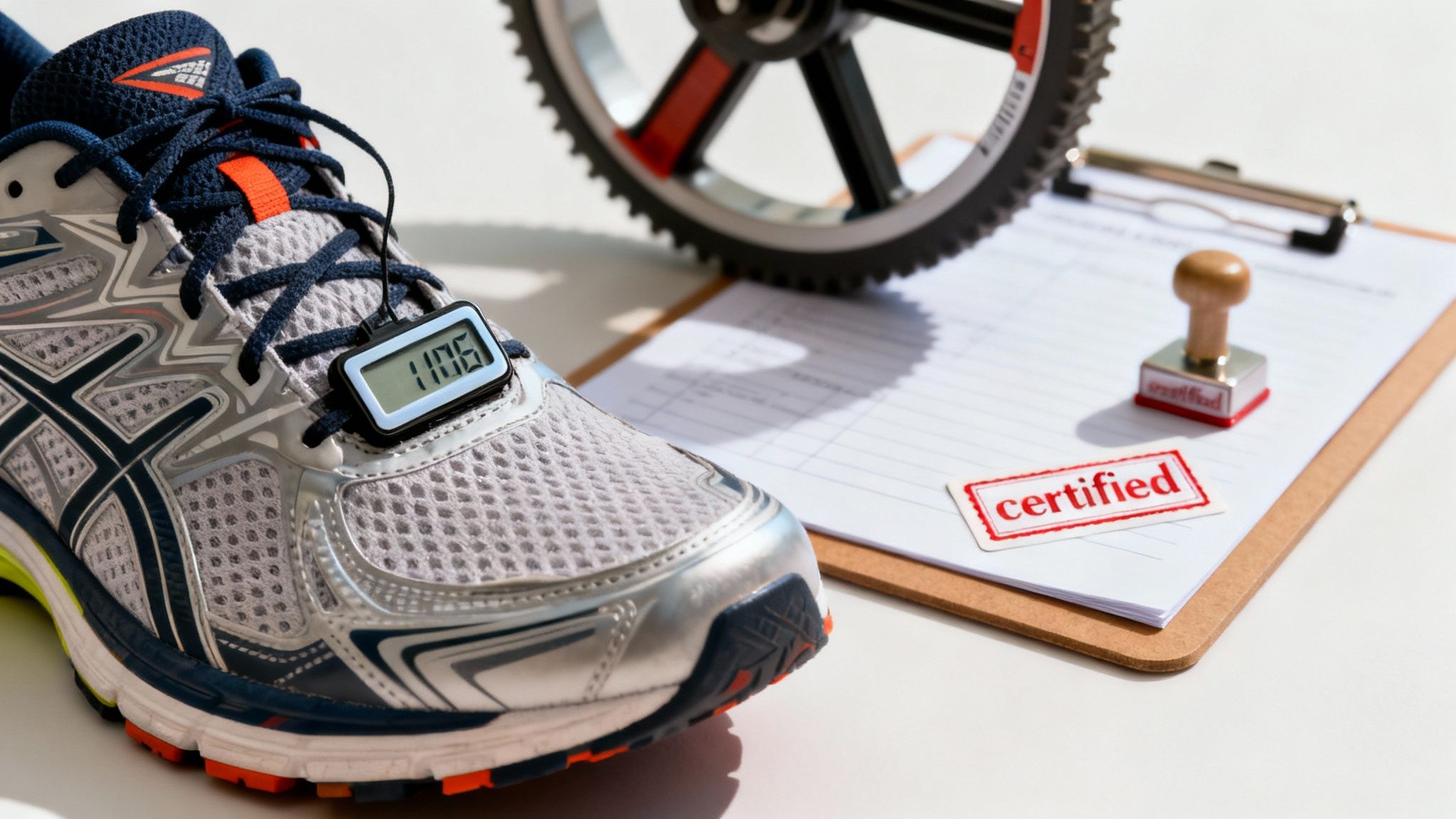 A running shoe with a pedometer displaying '1106', a certified stamp on a clipboard, and a measuring wheel.