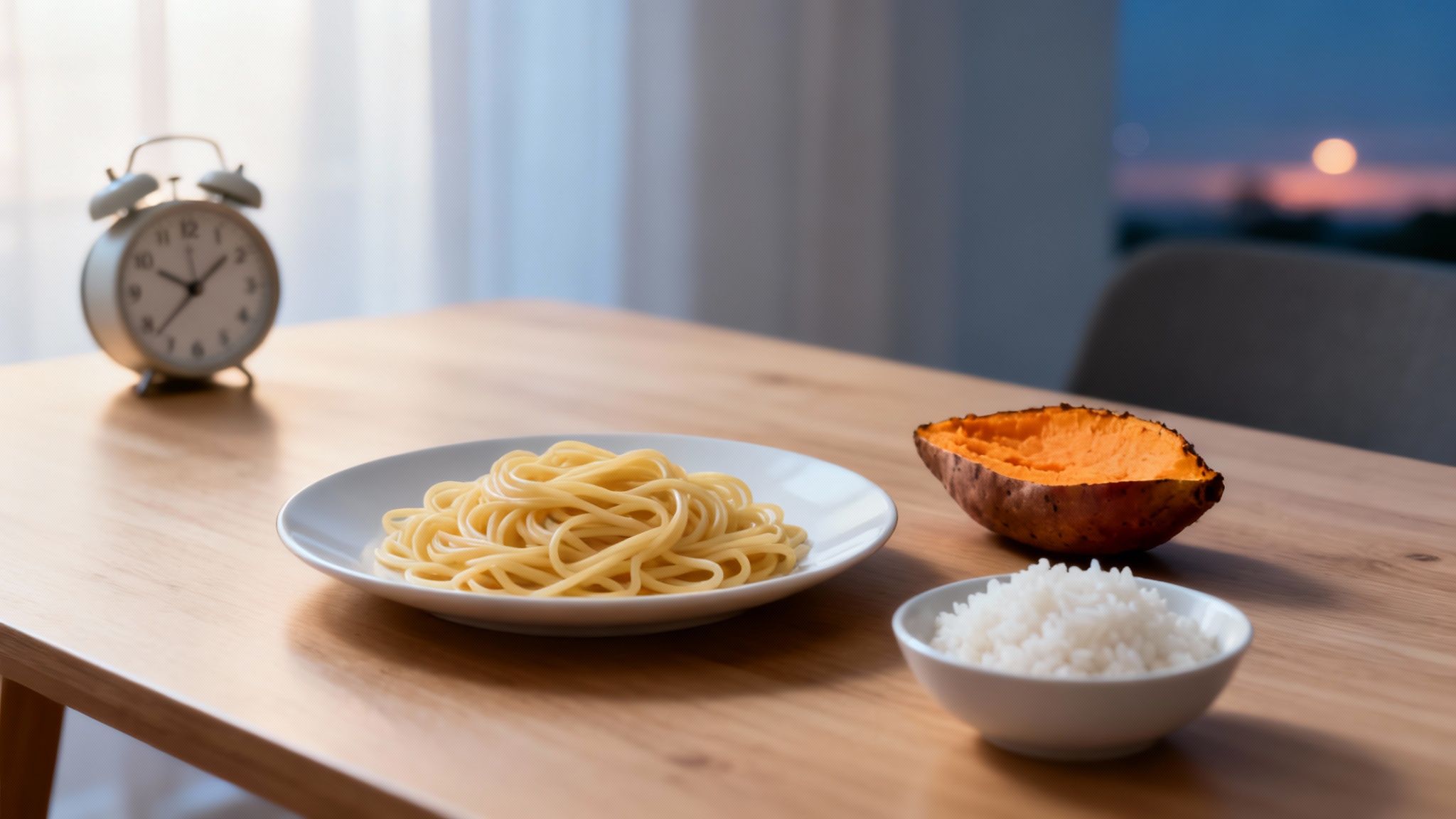 A wooden table displays a plate of spaghetti, a bowl of white rice, and a baked sweet potato half.