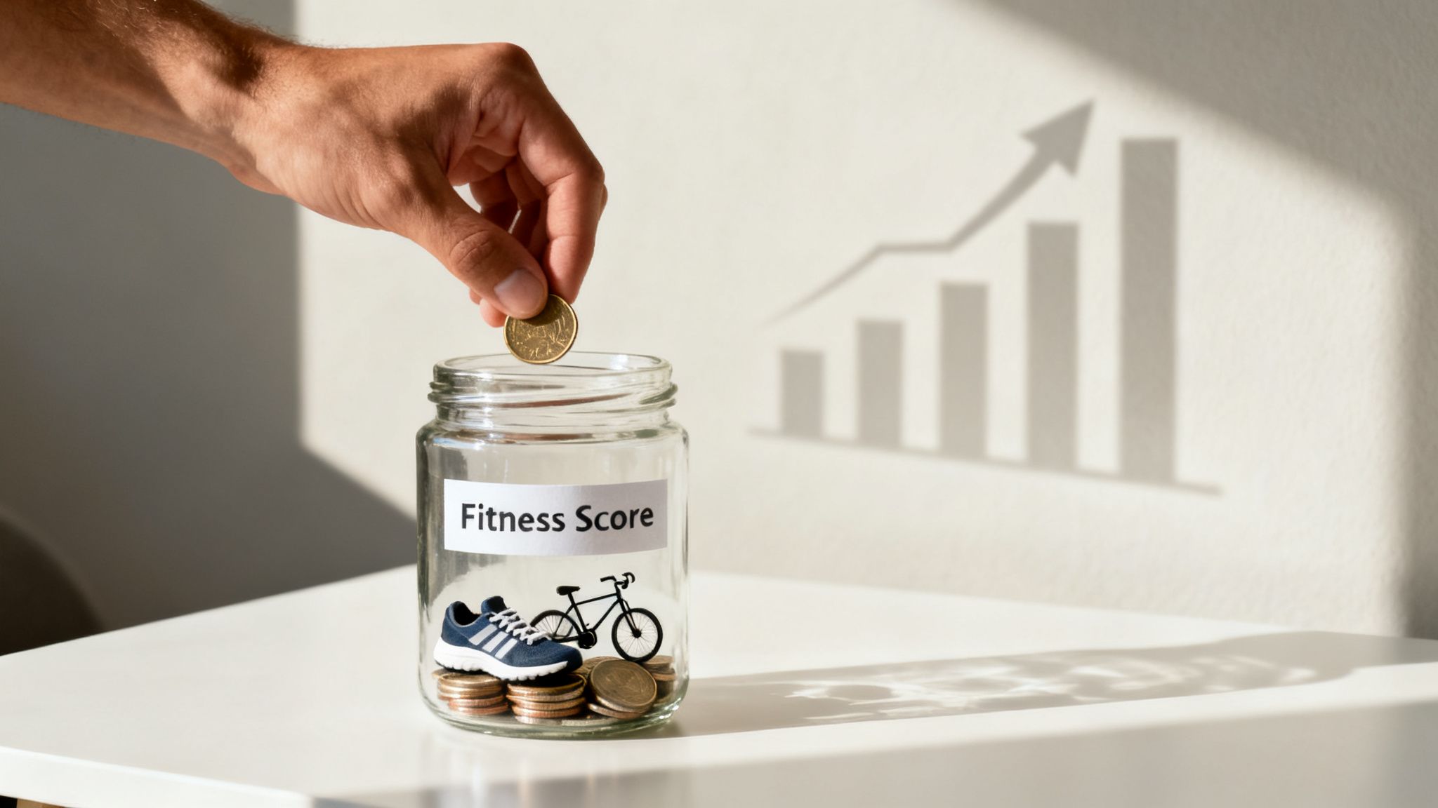 Hand putting a coin into a "Fitness Score" jar with running shoe, bicycle, and rising graph.