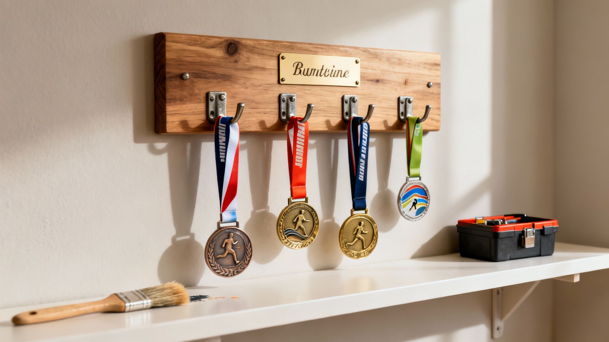 Four running medals hanging on a wooden display rack above a shelf with a paintbrush.