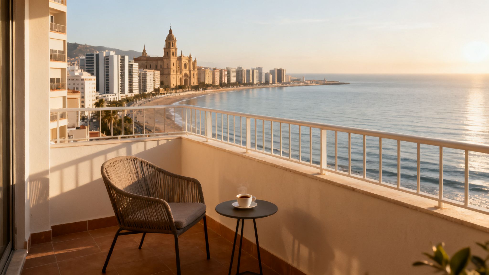 A cozy balcony with a chair and coffee overlooking a beach, ocean, and city skyline at sunrise.