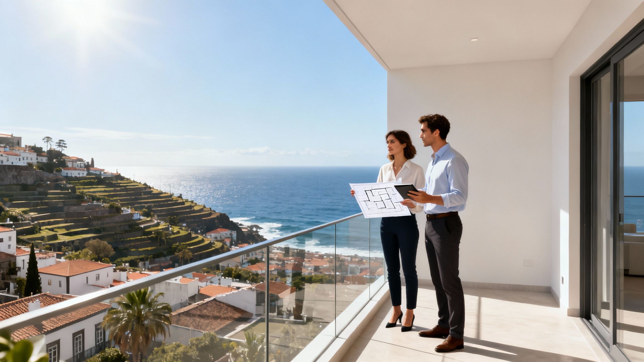 A view of a beautiful villa with a pool overlooking the ocean in Madeira