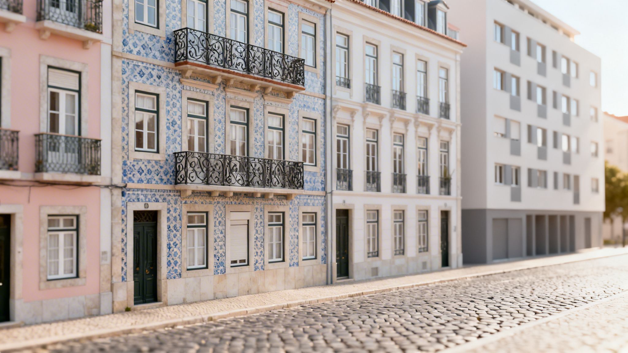 Picturesque street with traditional Portuguese buildings, blue tiles, balconies, and a cobblestone road.