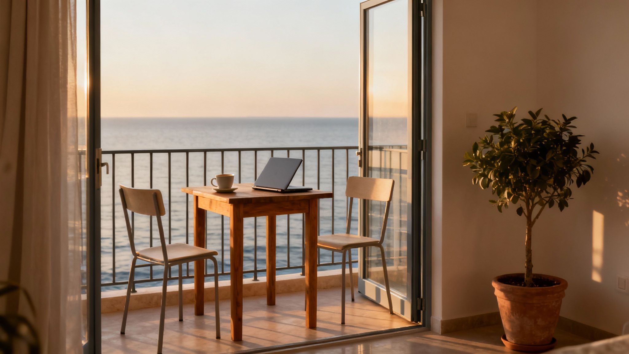 Laptop and coffee on balcony table overlooking Mediterranean sea at sunset