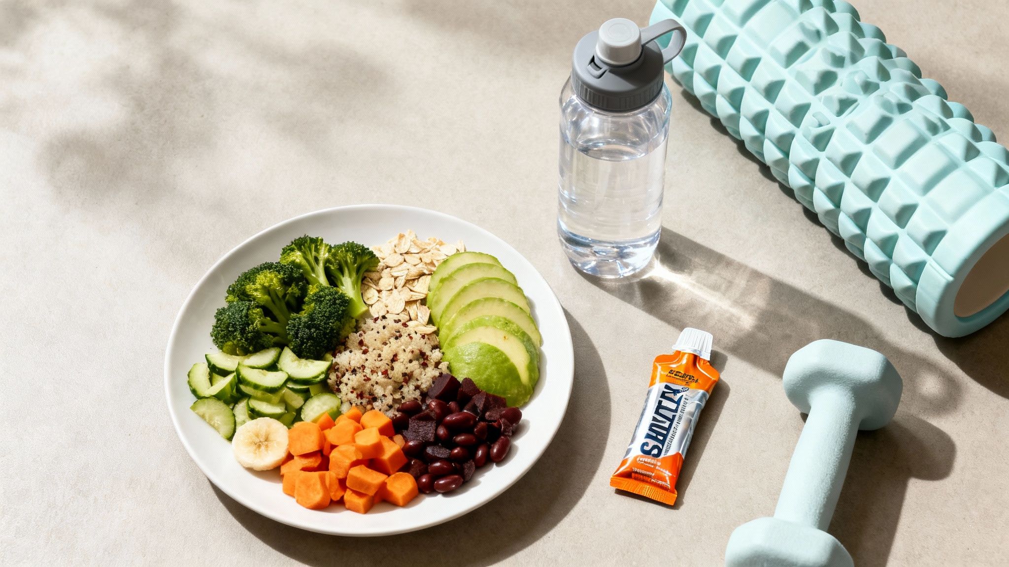 A healthy meal bowl with broccoli, quinoa, avocado, vegetables, and fruit alongside workout gear.
