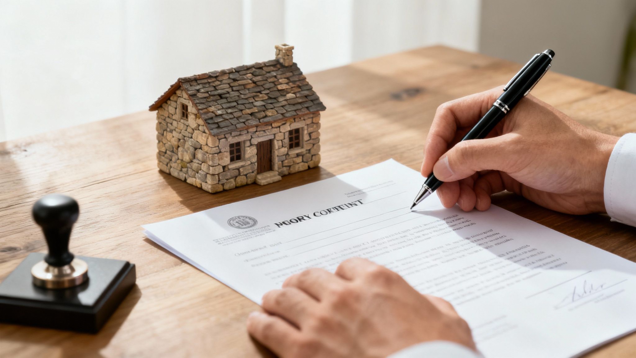 A person's hands signing a property contract document on a wooden table with a small stone house model and a notary stamp.