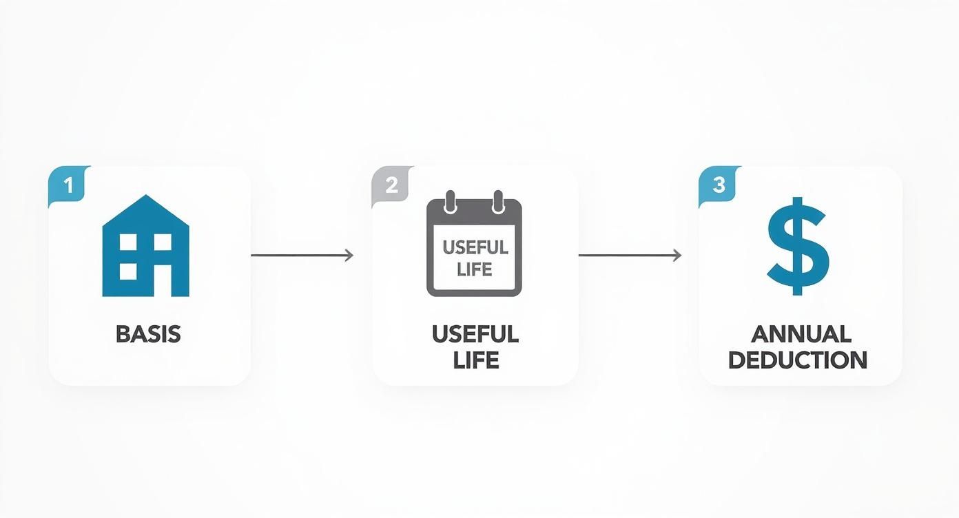 A three-step process for property depreciation showing Basis, Useful Life, and Annual Deduction.