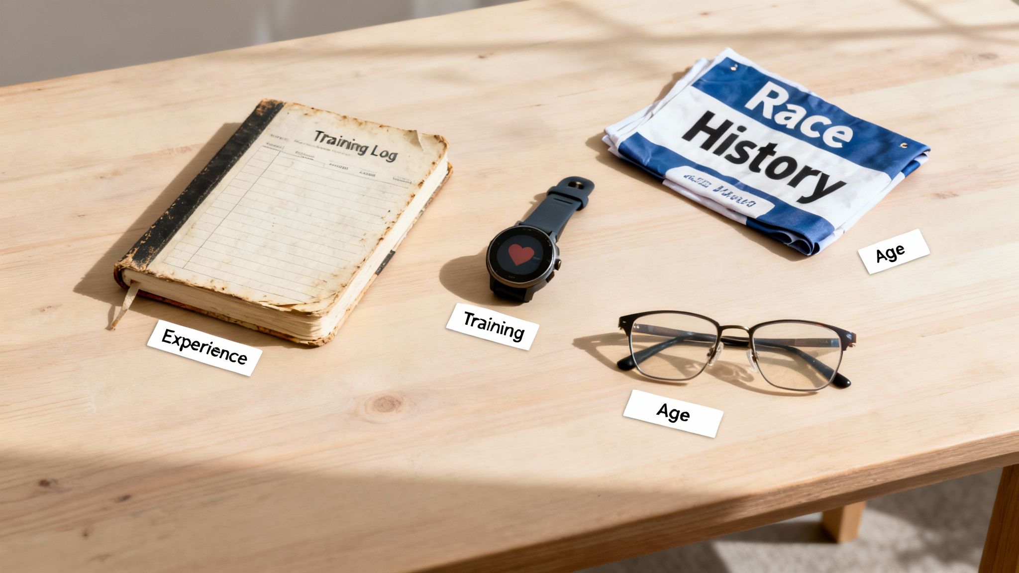 Running performance items including a training log, smartwatch, race history flag, glasses, and data labels on wood.