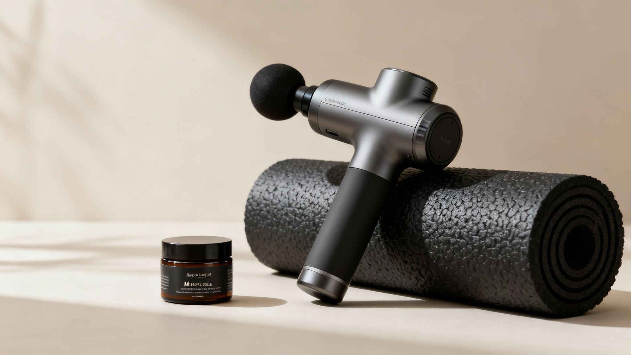 A grey massage gun, black yoga mat, and 'Muscle & joint' cream jar on a beige surface.
