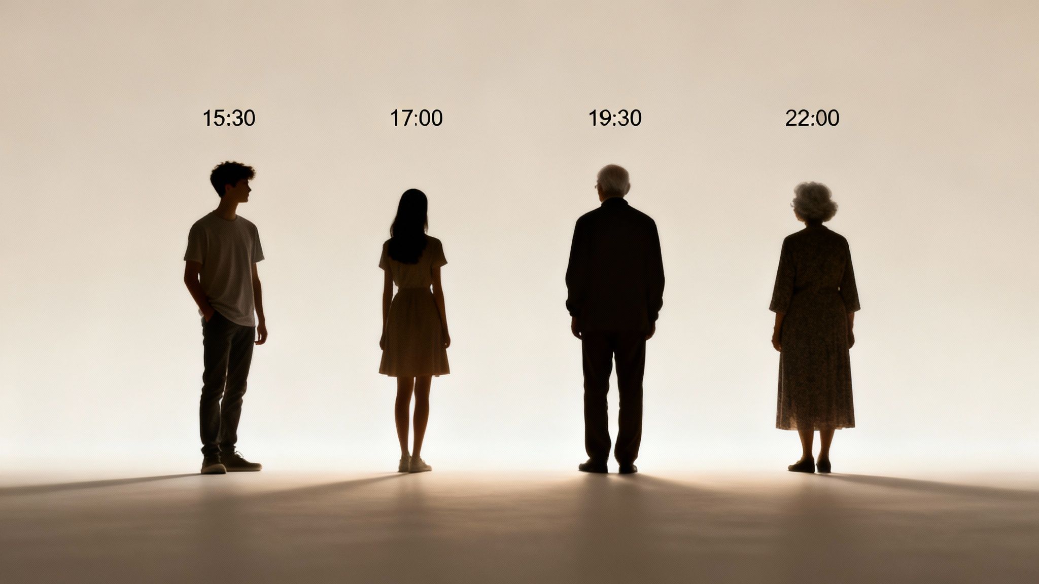 Silhouettes of four people representing different life stages with corresponding times from afternoon to evening.