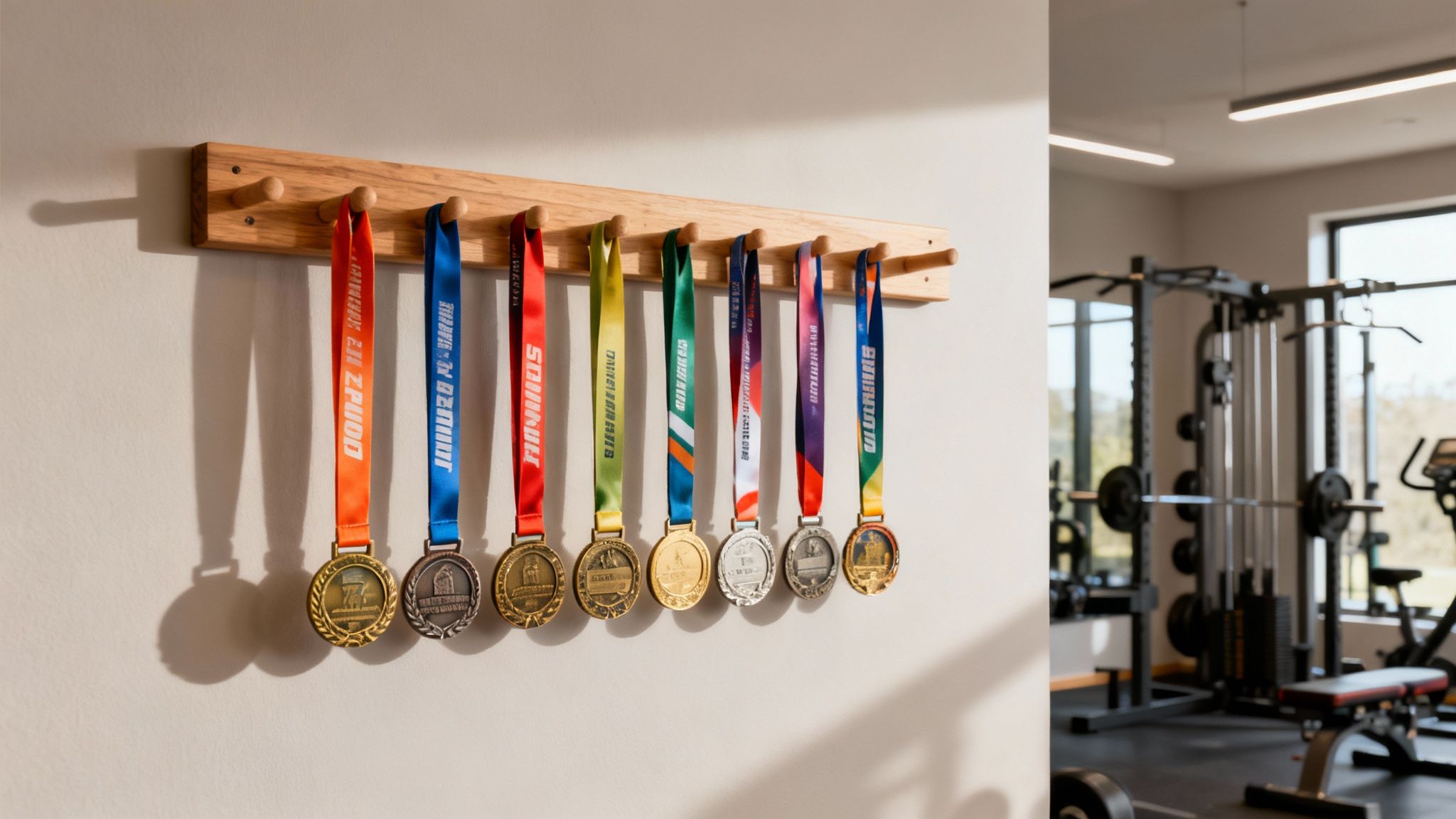 Various colorful running medals proudly displayed on a wooden rack in a modern home gym.
