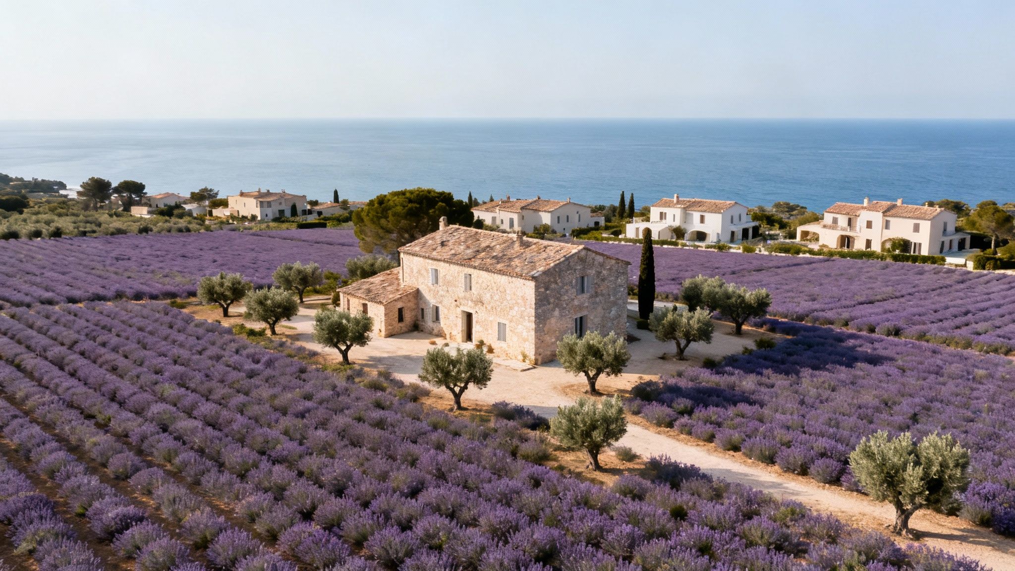 A sunlit coastal town in the South of France with vibrant buildings and a sparkling sea