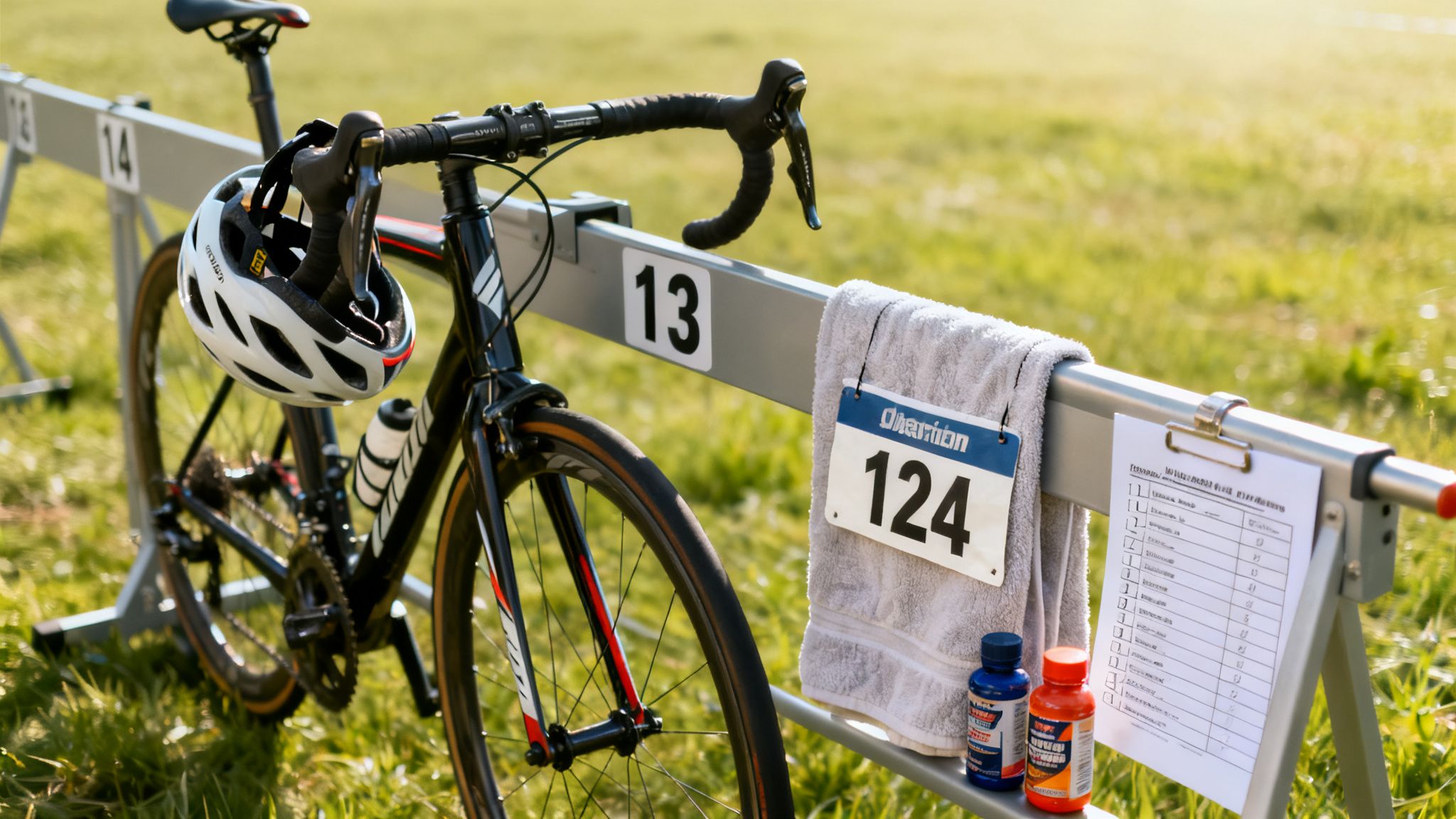 A black triathlon bike with a white helmet, race number 124, and supplements on a barrier.
