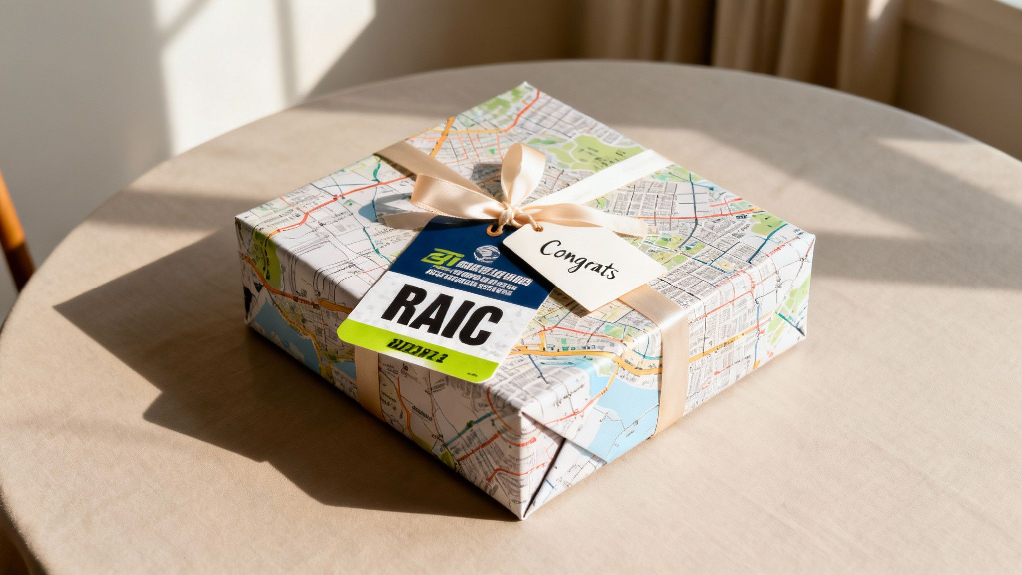 A personalized gift box wrapped in map paper, adorned with a ribbon and 'Congrats' tag, on a table.