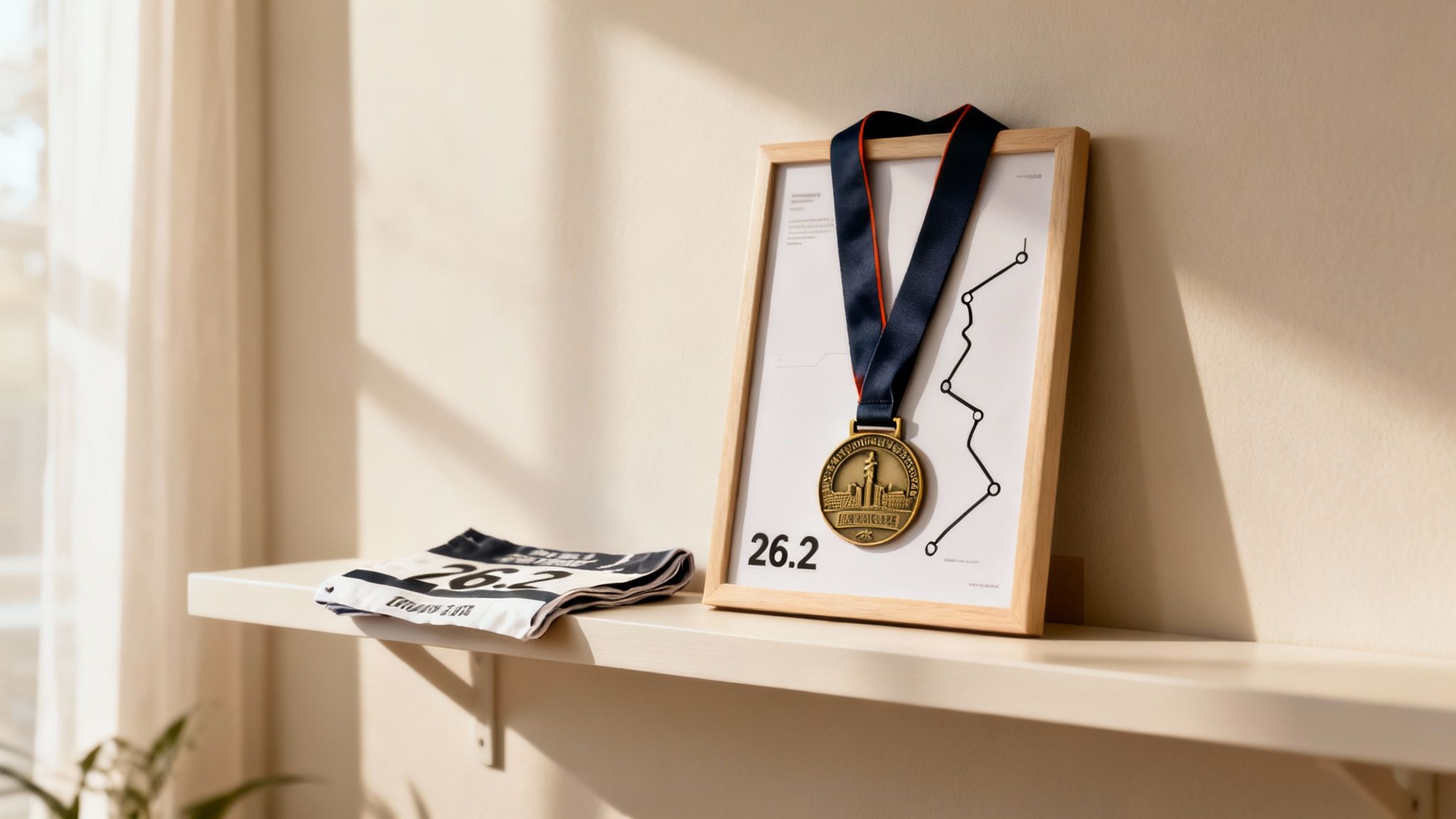 A marathon medal hanging on a framed race print, with a bib, displayed on a shelf.