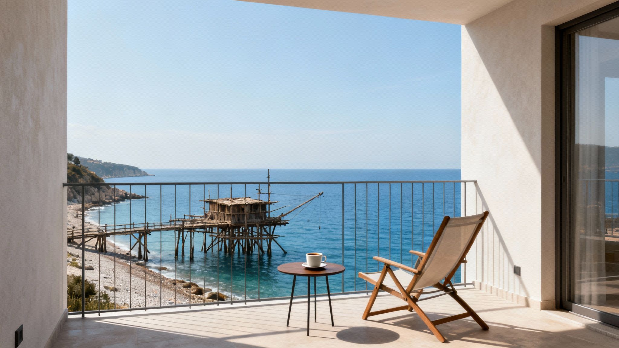 A sunny balcony overlooking the blue sea, featuring a coffee, chair, and traditional fishing hut.