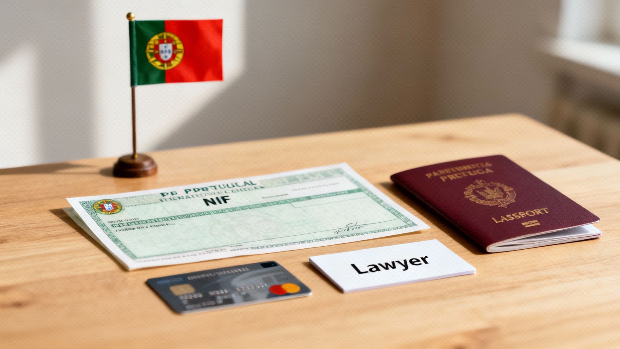 Portuguese flag, NIF document, passport, credit card, and a 'Lawyer' business card on a wooden table.