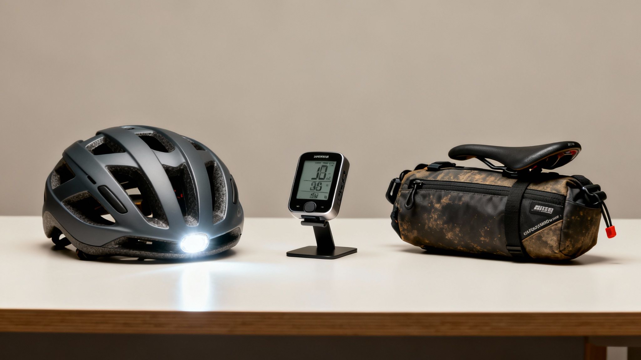 Three essential cycling accessories: a helmet with a light, a bike computer, and a saddle bag.