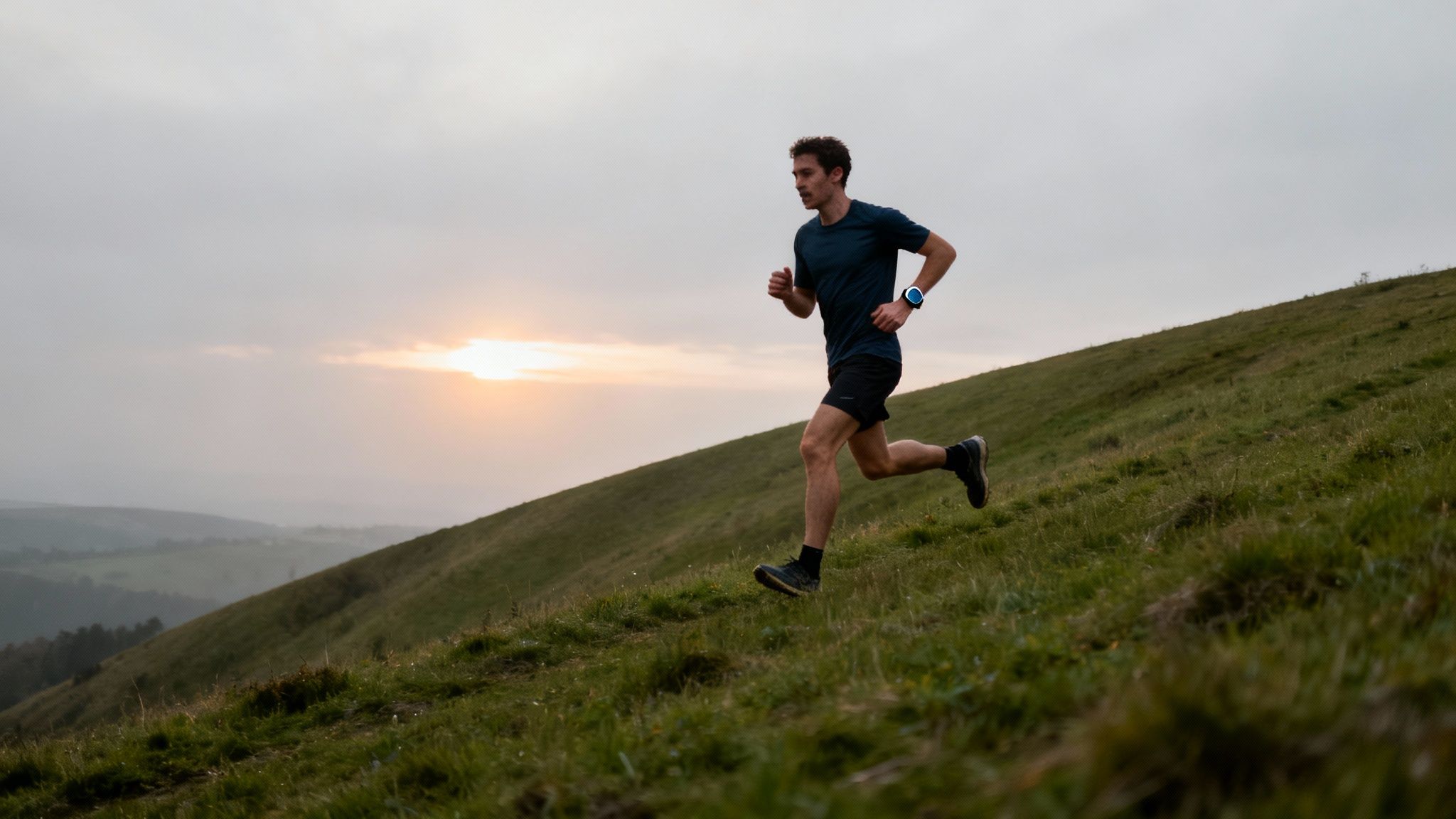 A focused man trail running up a green hill during sunset, wearing a smartwatch.