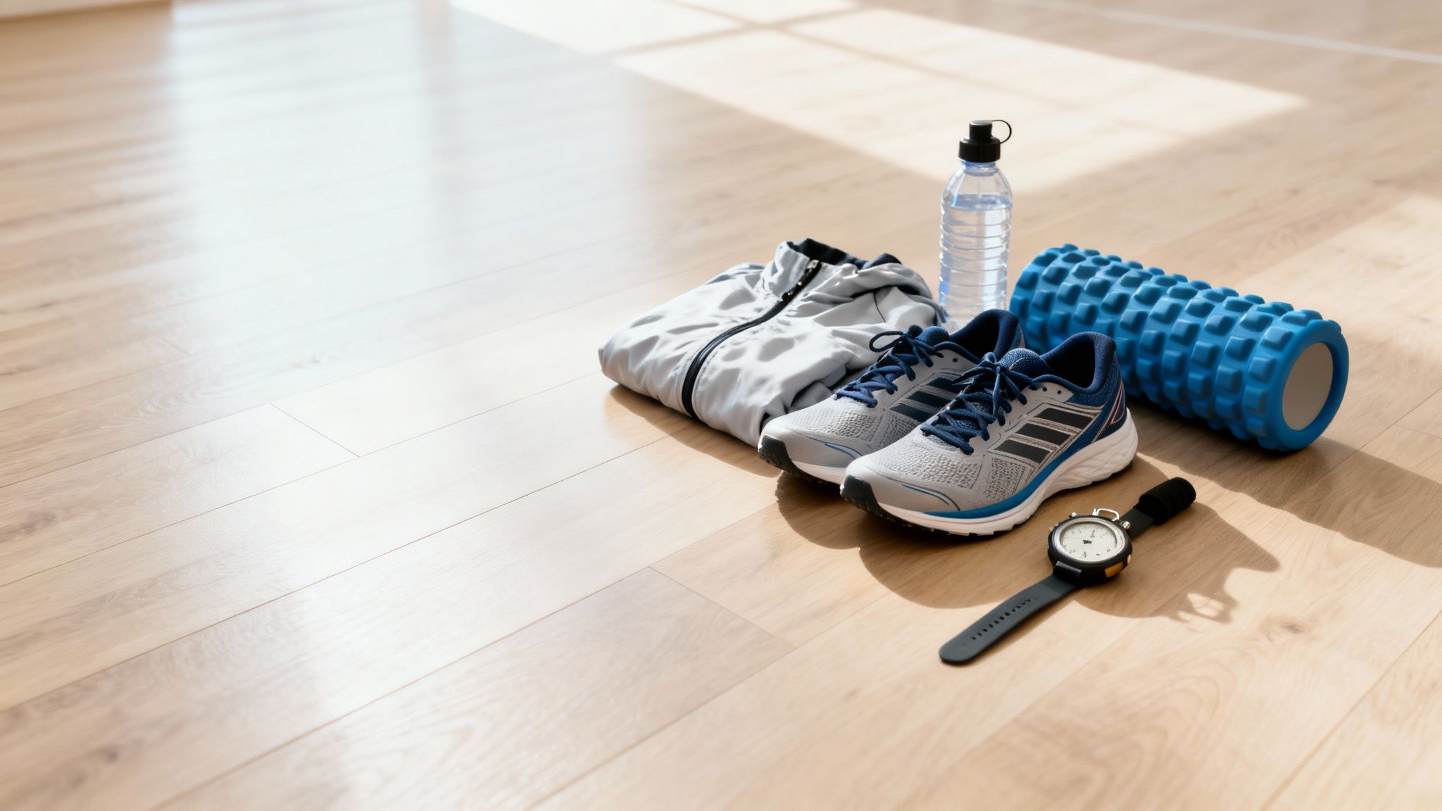 Fitness gear including running shoes, jacket, water bottle, foam roller, and stopwatch on a wooden floor.