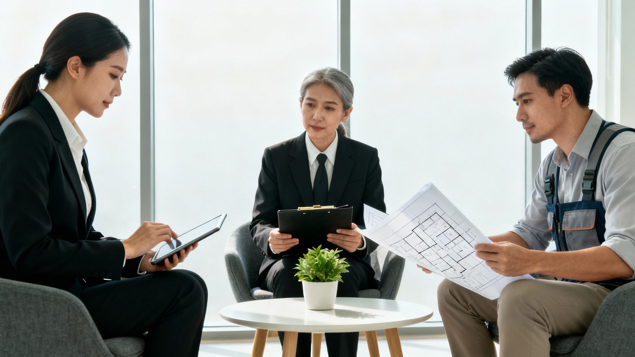 Real estate professionals reviewing property floor plans during overseas investment consultation meeting