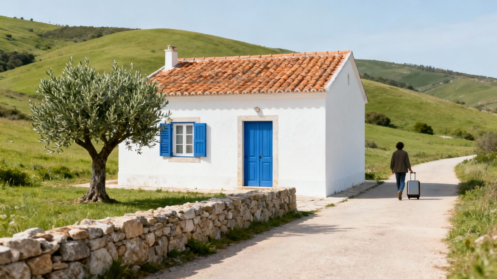 A white house with a blue door, an olive tree, and a person with a suitcase on a rural road.