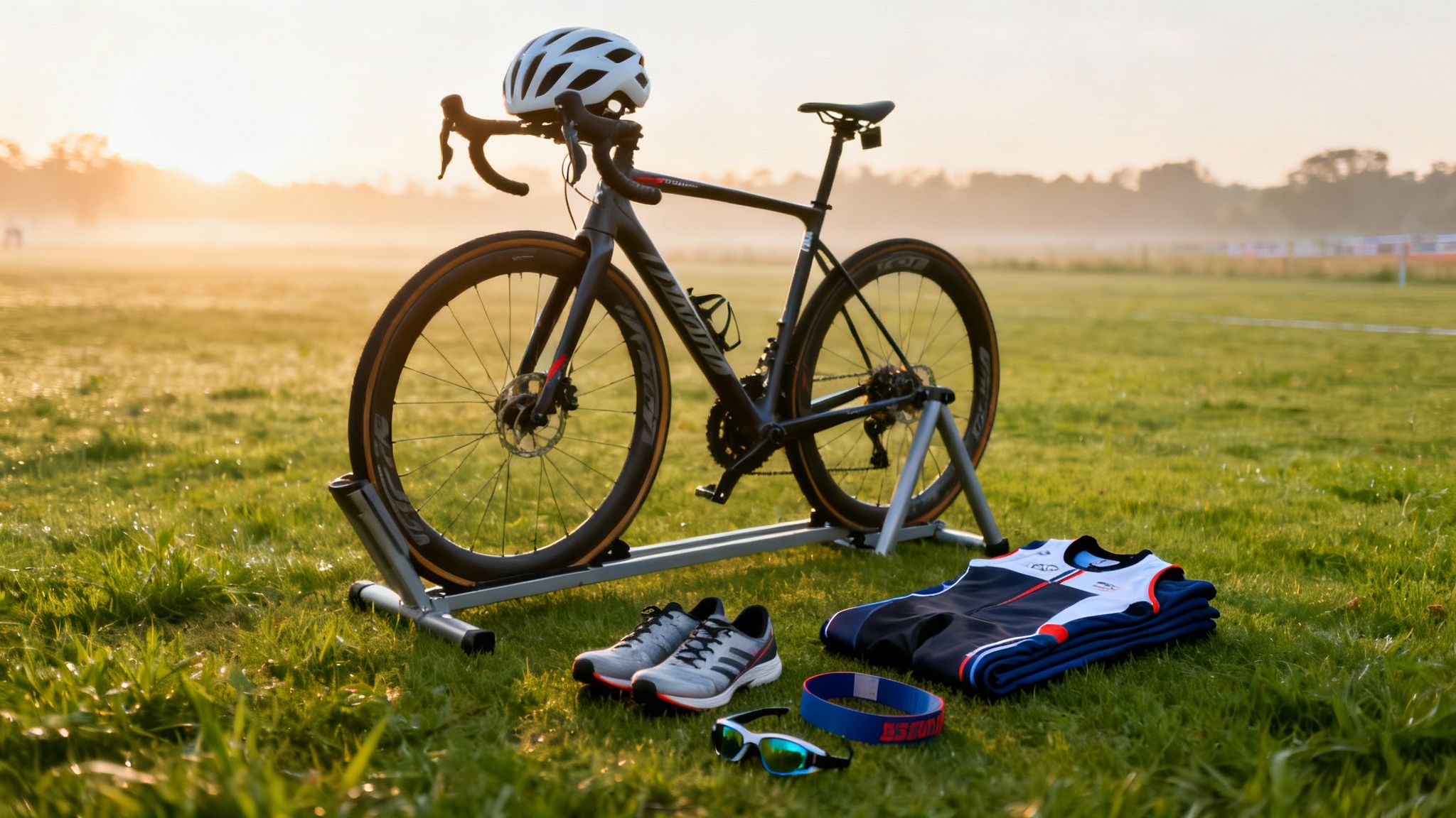 Triathlon gear laid out on dewy grass at sunrise, featuring a bike, helmet, shoes, and race kit.