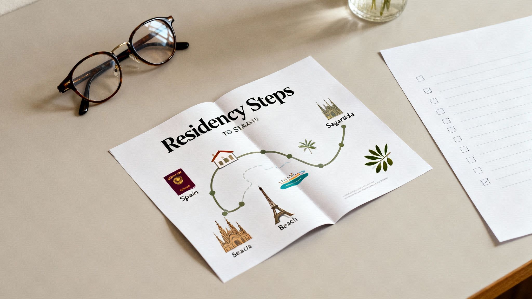 Overhead view of a desk with glasses, an open booklet illustrating Spanish residency steps, and a checklist.