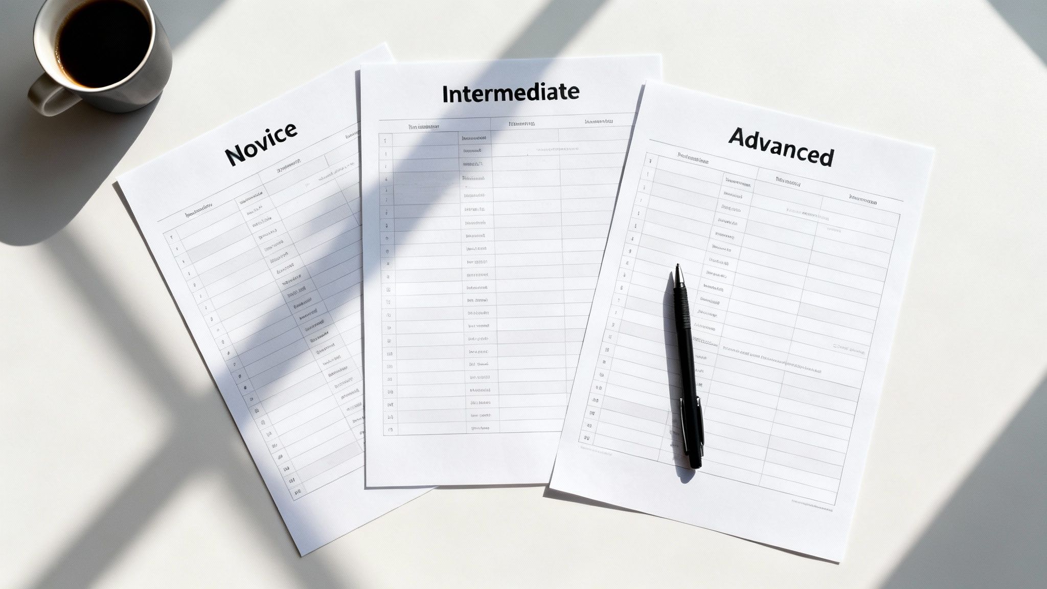 Three training schedules labeled Novice, Intermediate, and Advanced, along with a pen and coffee cup.