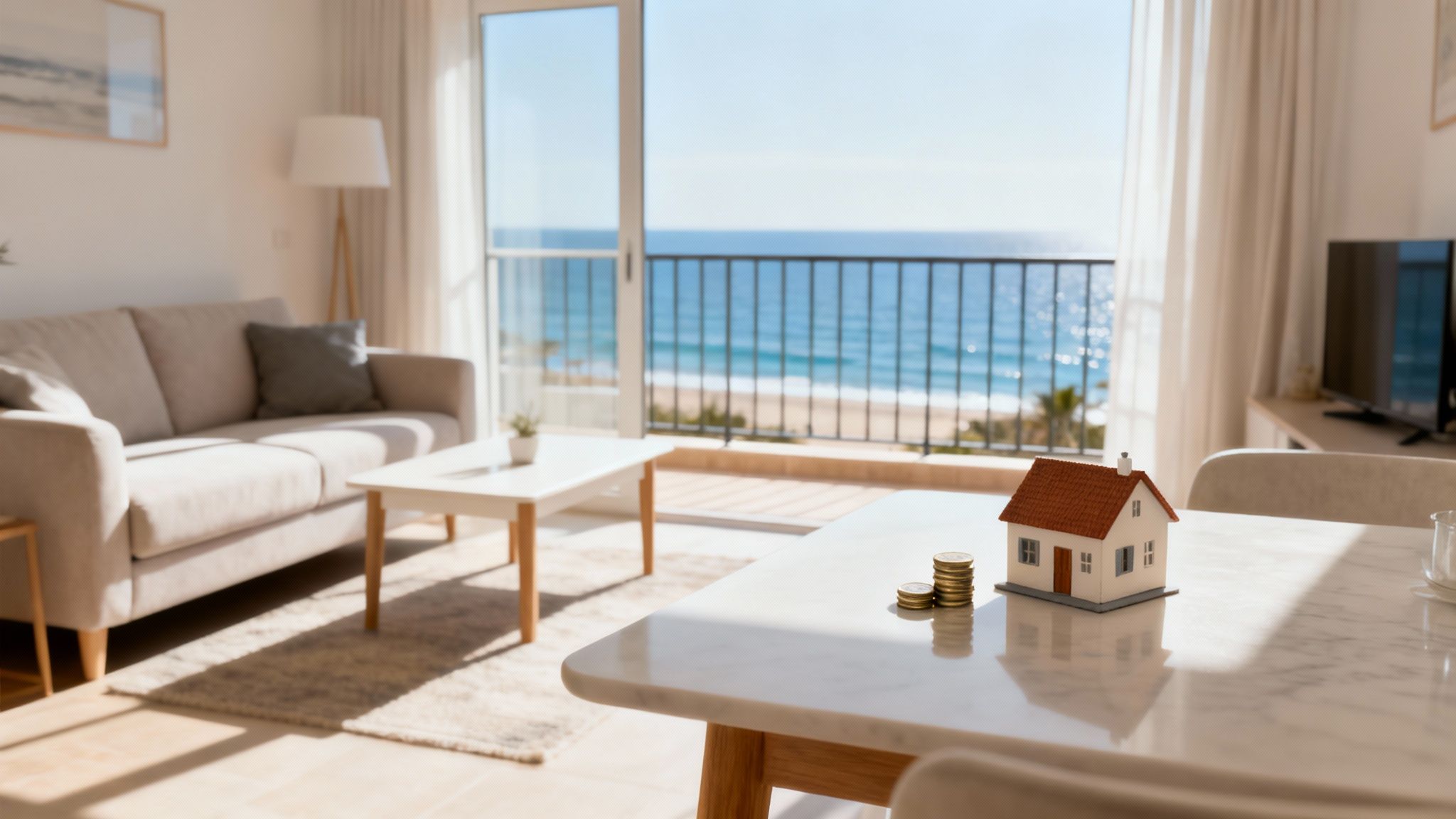 Miniature house model and coins on a table with a bright ocean-view living room.
