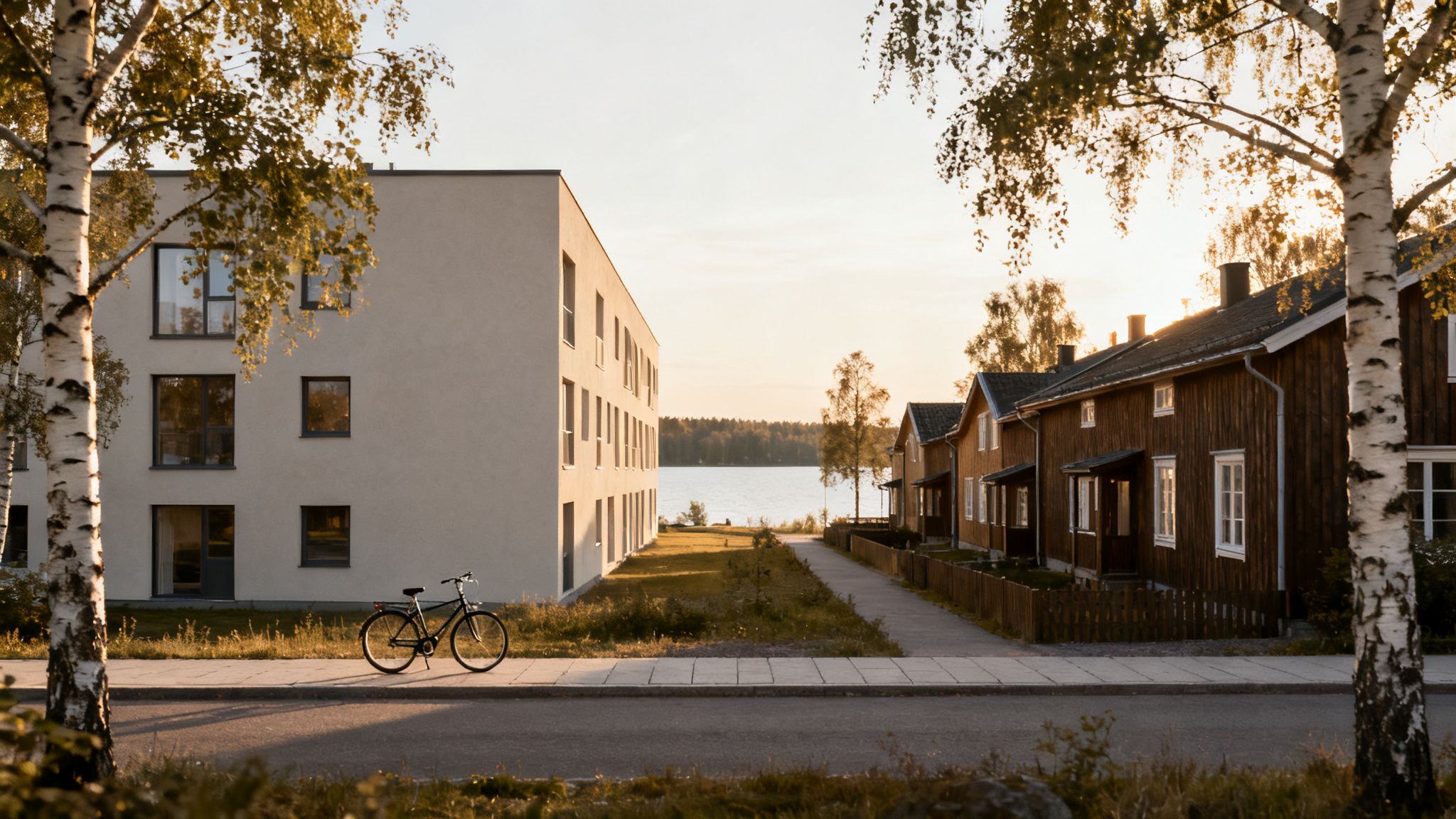 Modern and traditional architecture by a lake in Finland at sunset with a bicycle.