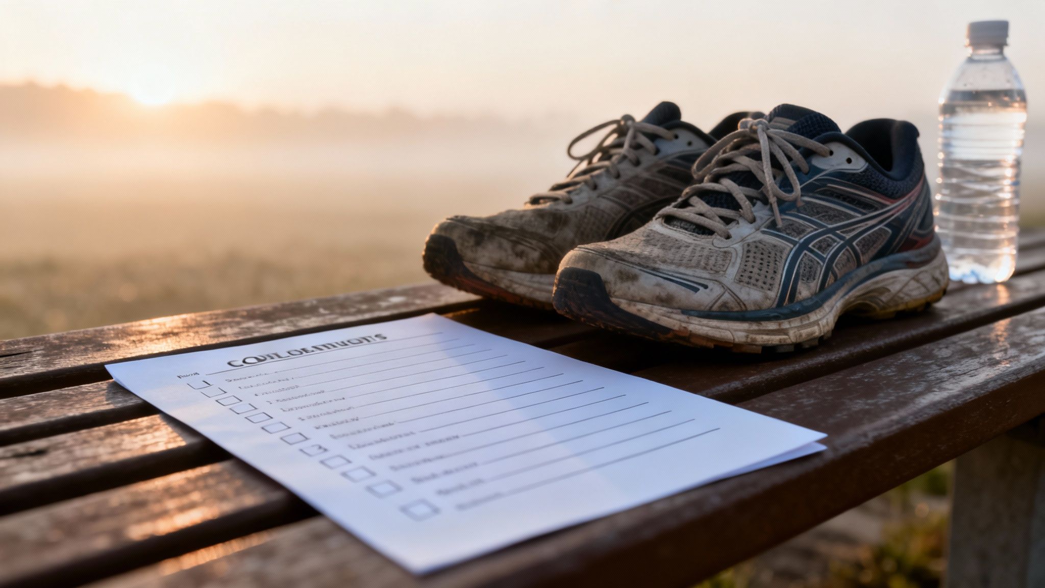 Dirty running shoes, a water bottle, and a goal checklist on a bench at misty sunrise.
